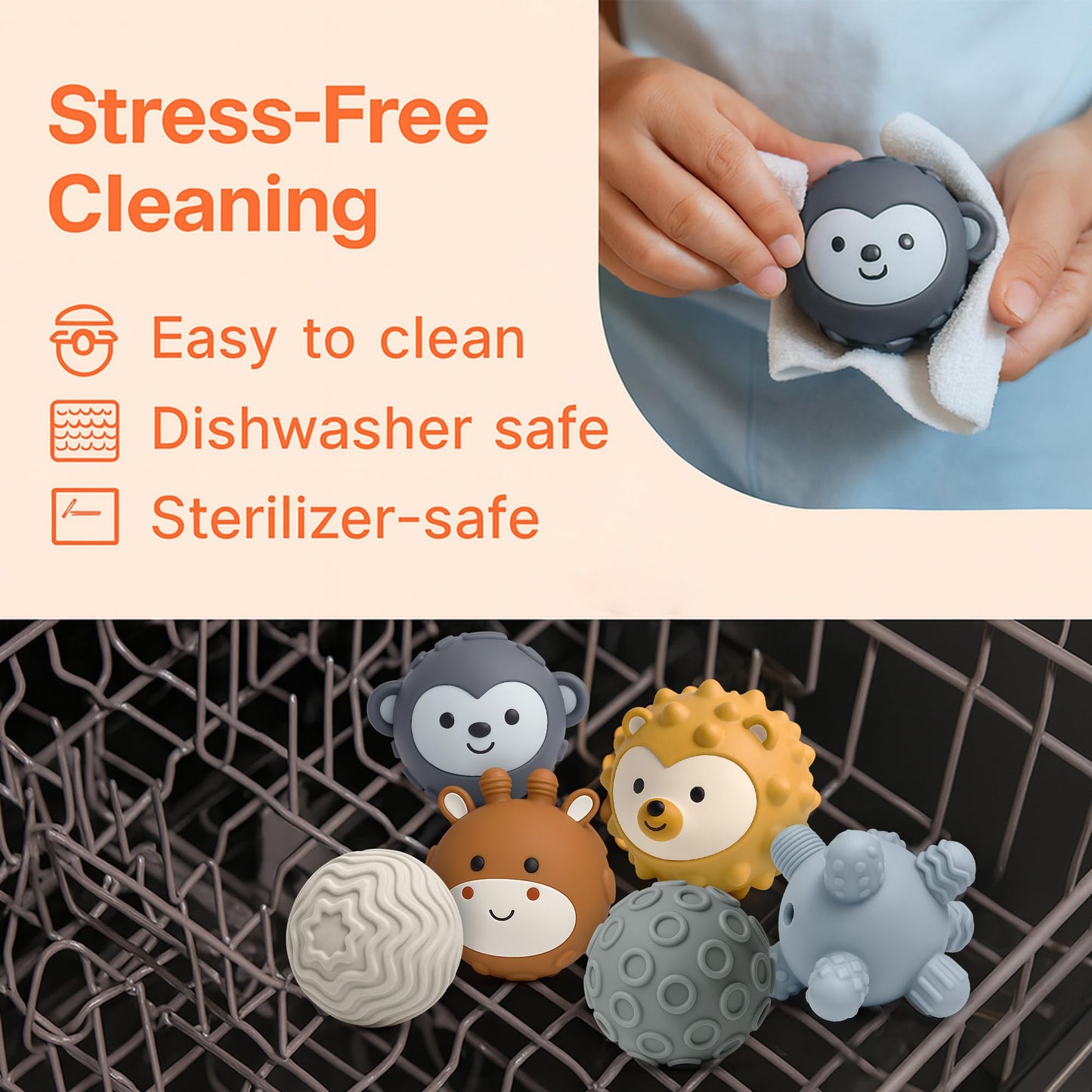 ROHSCE 6-Pack Baby Sensory Balls – Textured Animal Face Toys & Teethers
