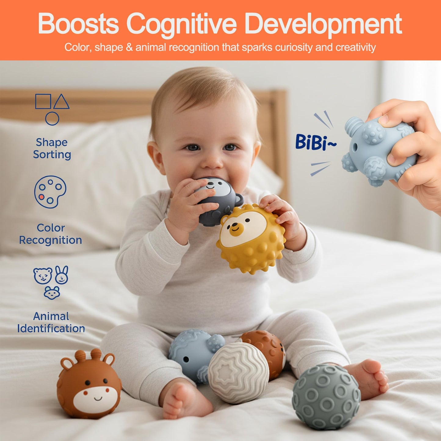 ROHSCE 6-Pack Baby Sensory Balls – Textured Animal Face Toys & Teethers