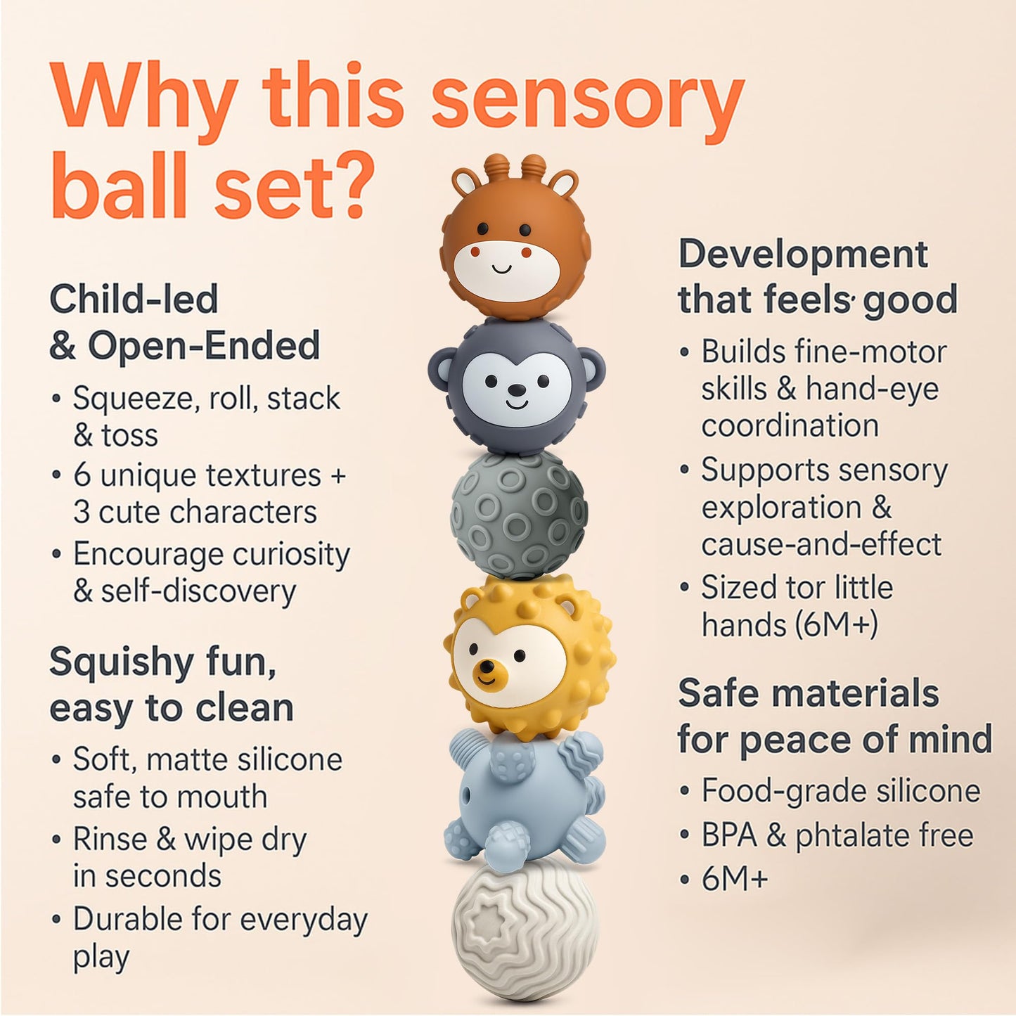 ROHSCE 6-Pack Baby Sensory Balls – Textured Animal Face Toys & Teethers