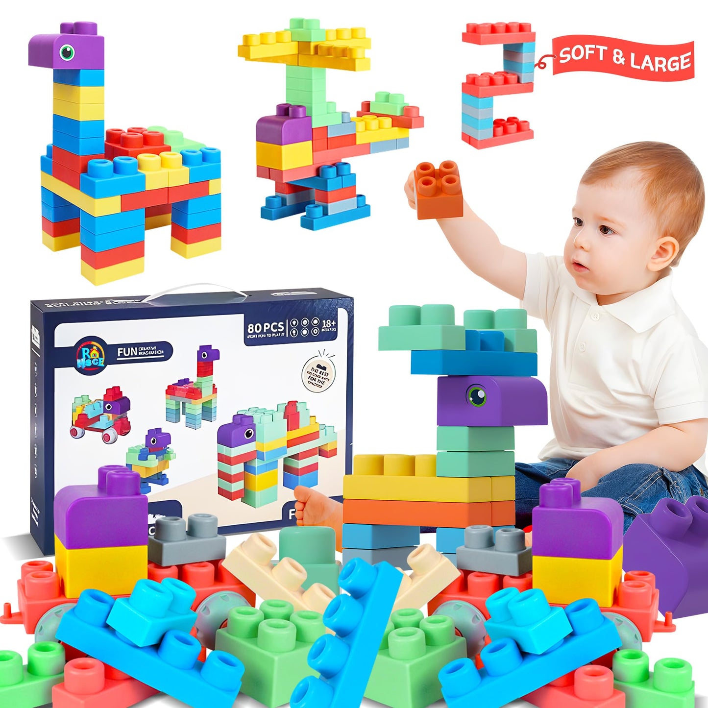 ROHSCE Baby Soft Blocks Set — 80 Pcs Safe Teething Blocks for Toddlers (STEM Learning)
