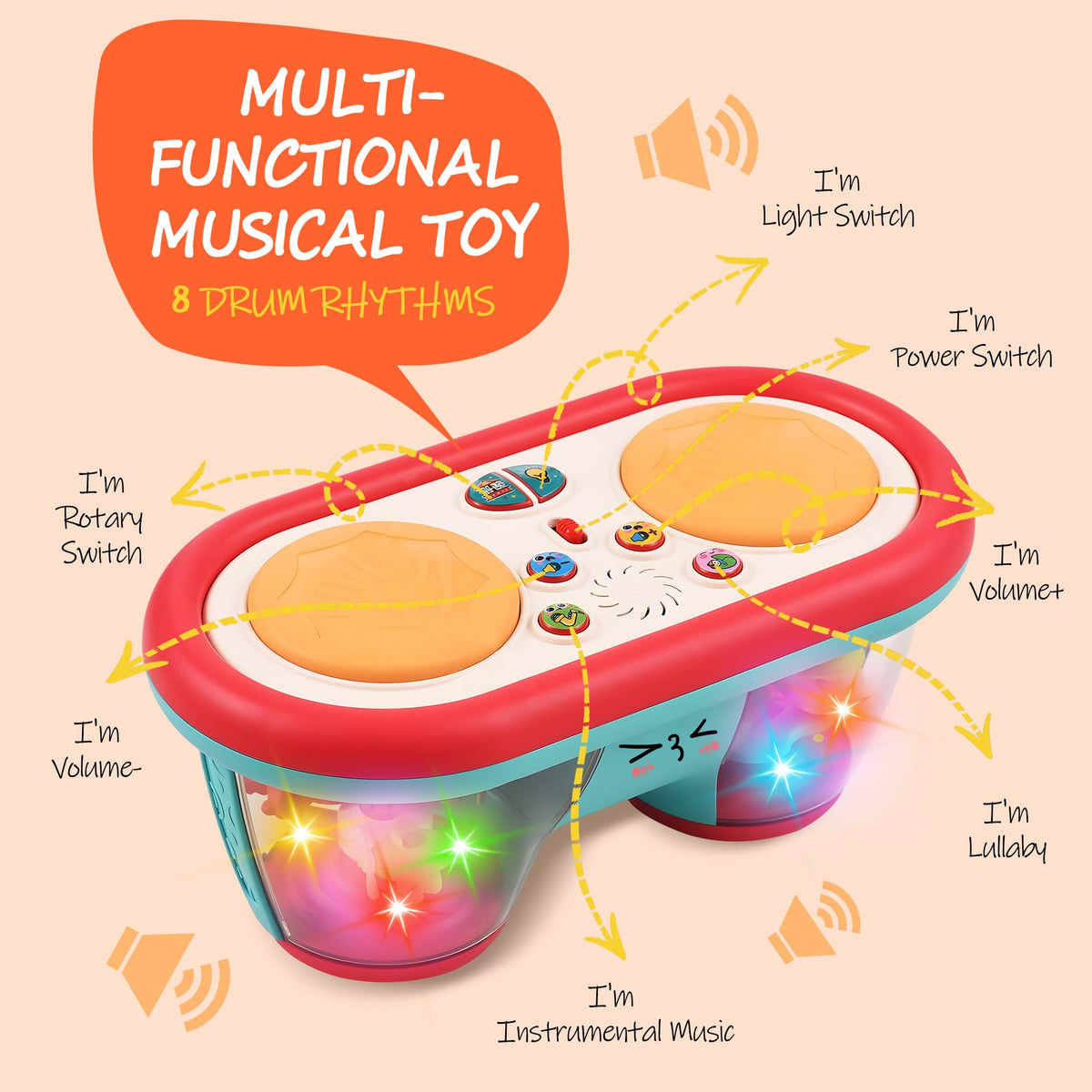 ROHSCE Baby Drum Toy – Light-Up Music for 6-18 Months | Safe ABS, 8 Drums, 16 Melodies