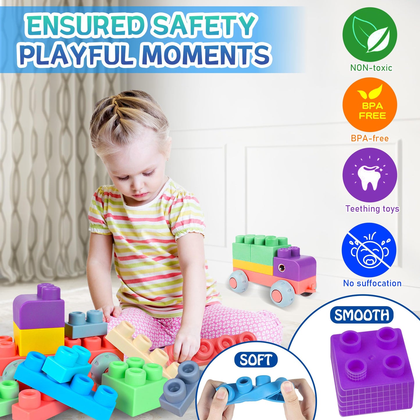 ROHSCE 100PCS Baby Blocks Set with Storage Bucket – Soft Rubber Blocks for Preschool STEM & Creative Play