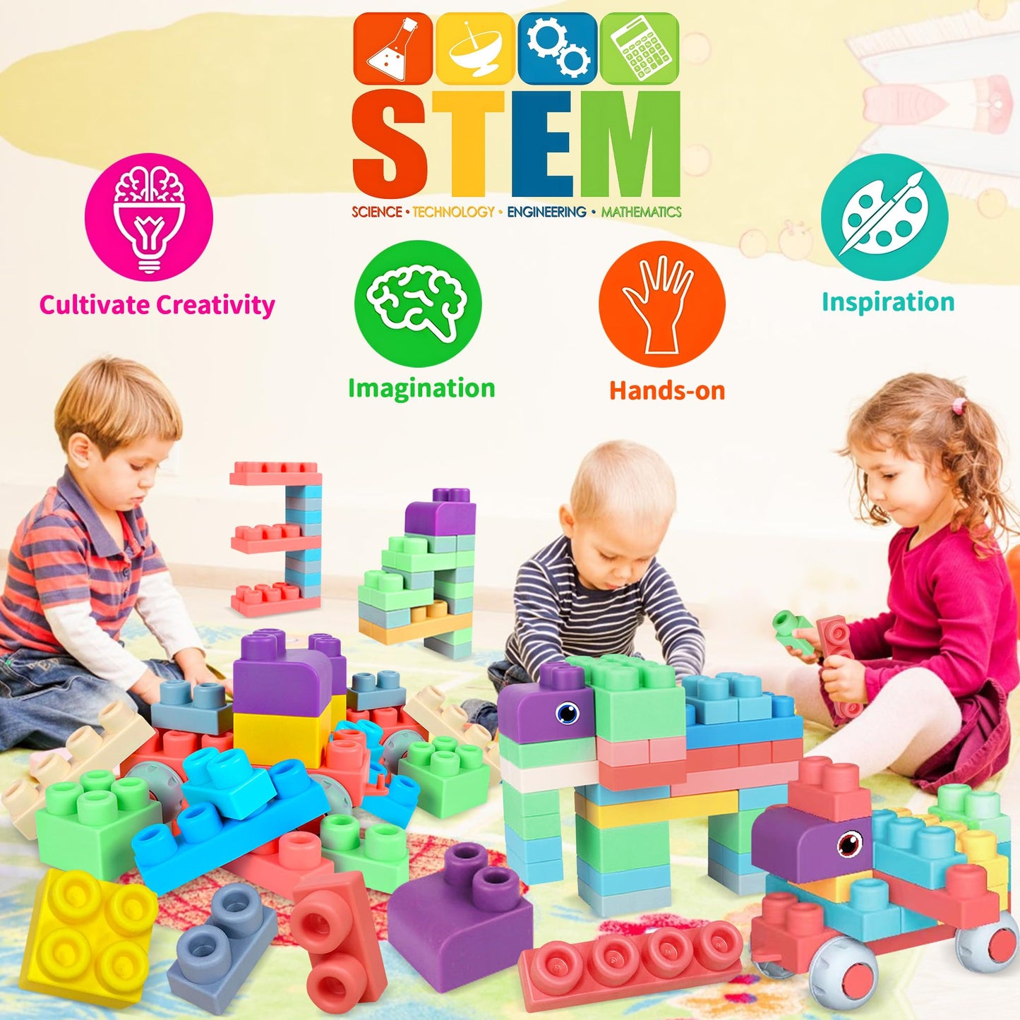 ROHSCE 80PCS Baby Blocks Set with Storage Bucket | Soft Rubber Blocks for Babies 6 Months and Up