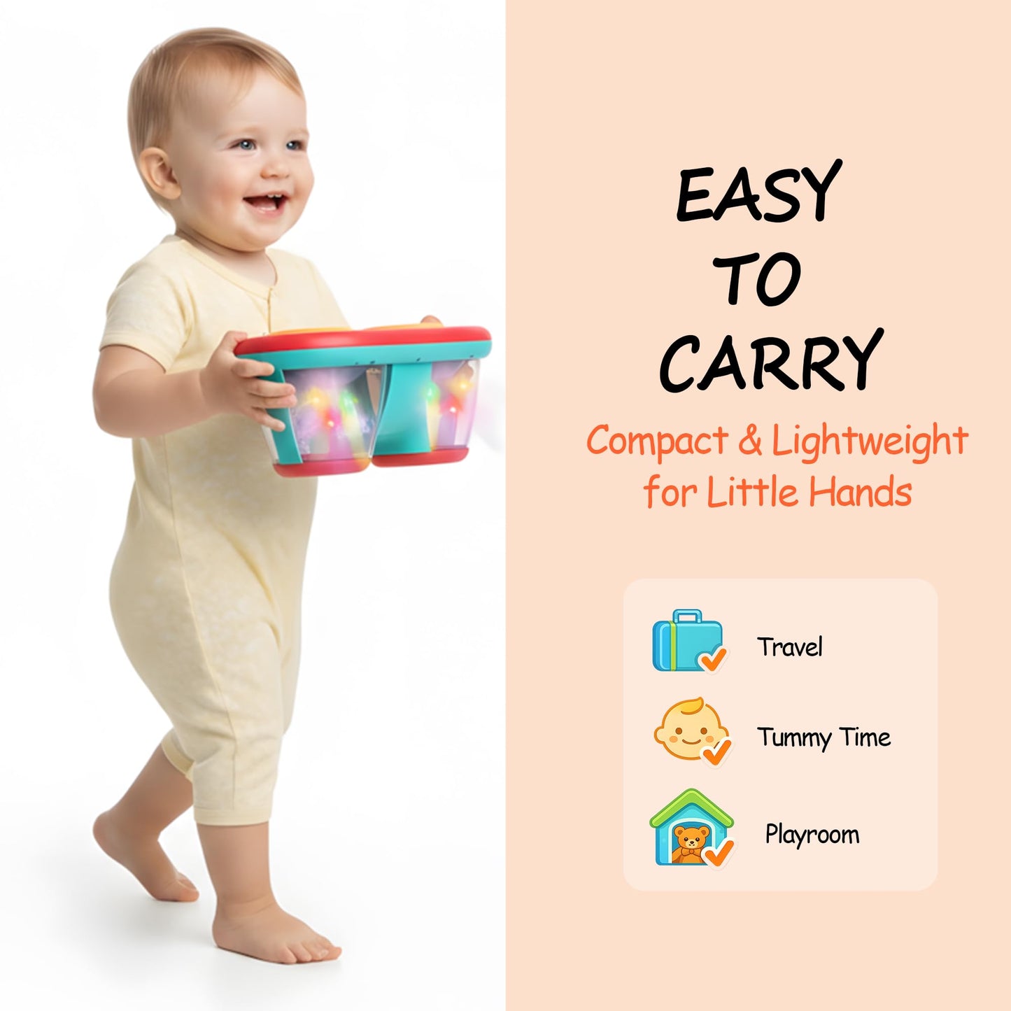 ROHSCE Baby Drum Toy – Light-Up Music for 6-18 Months | Safe ABS, 8 Drums, 16 Melodies