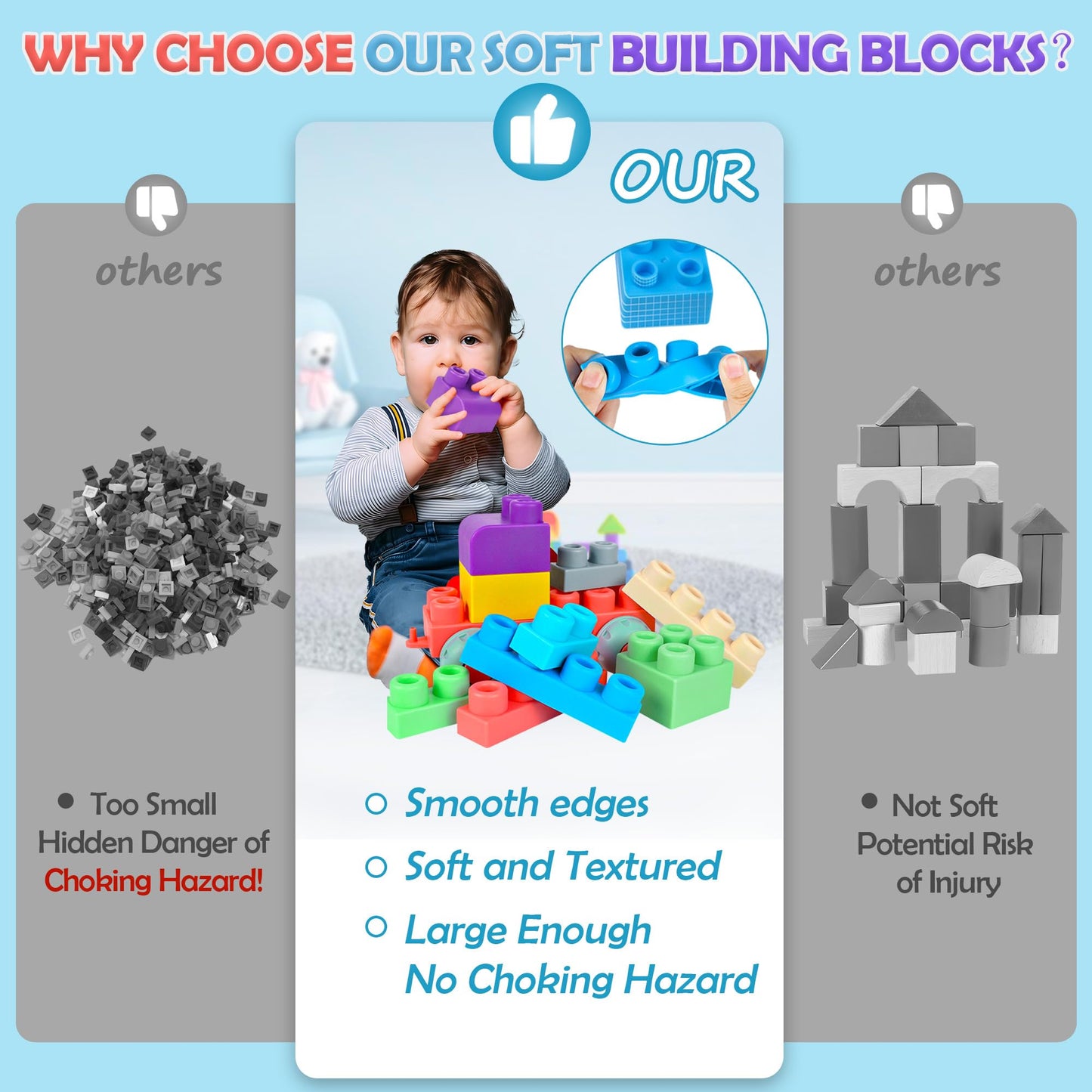 ROHSCE 80PCS Baby Blocks Set with Storage Bucket | Soft Rubber Blocks for Babies 6 Months and Up