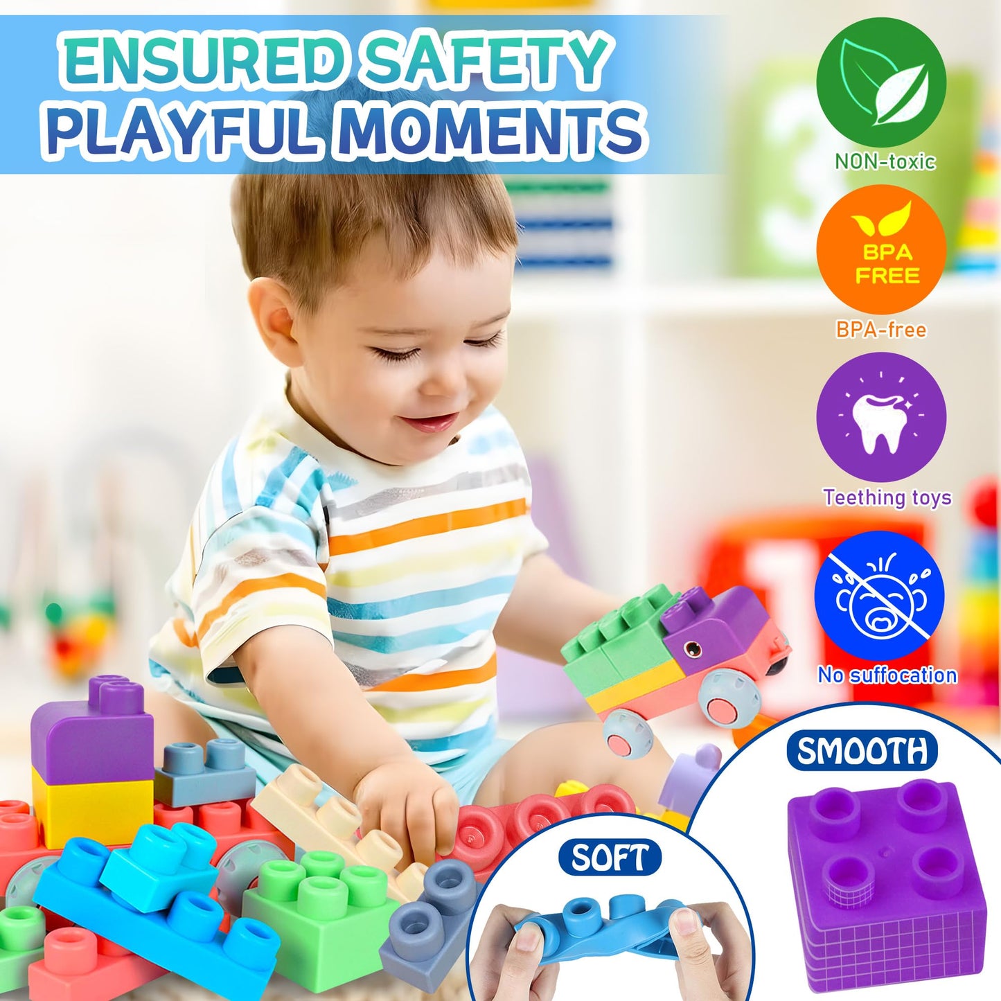 ROHSCE Soft Building Blocks for Toddlers – 40 PCS Large Teething Blocks
