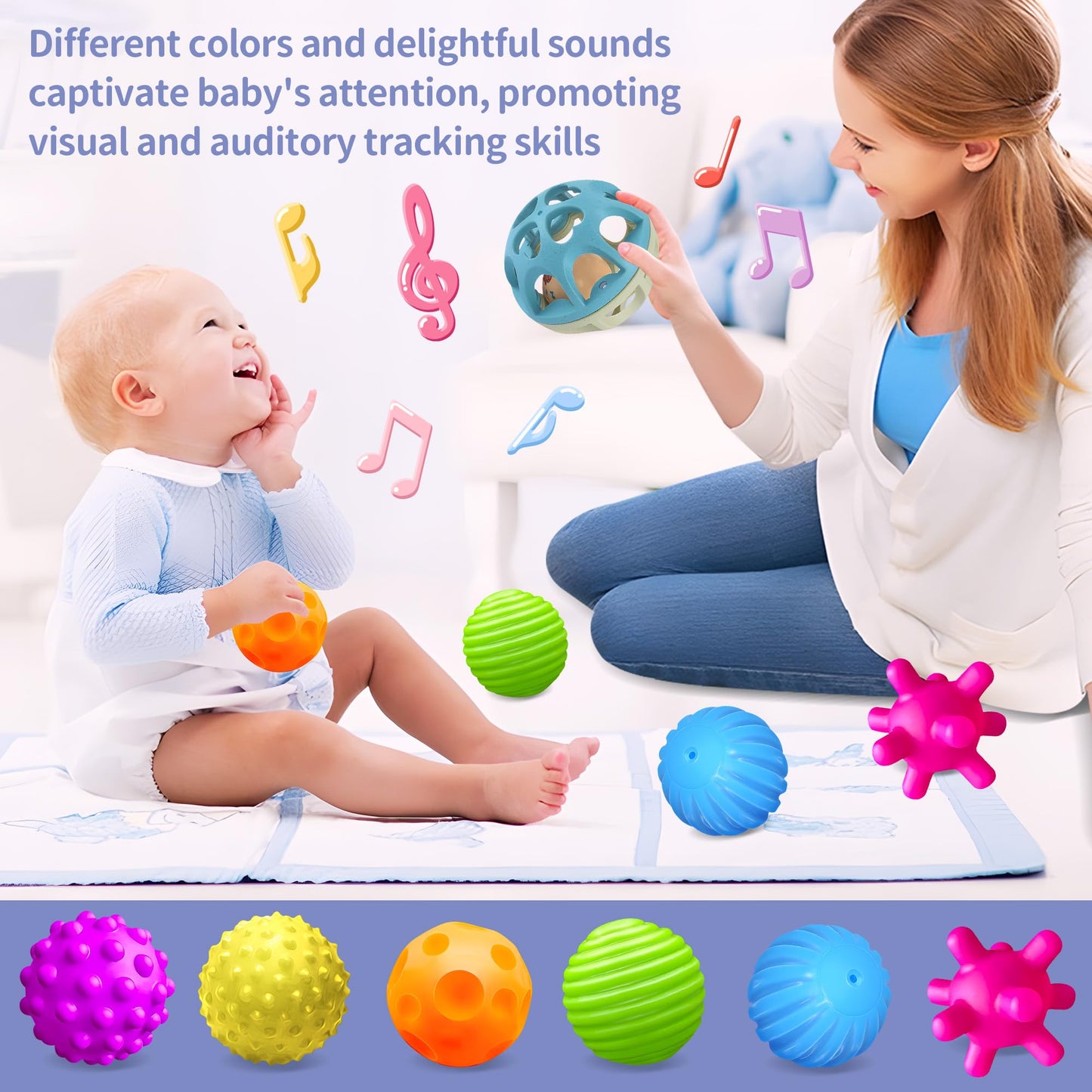 ROHSCE Montessori Sensory Toys: Textured Baby Balls & Wheat Straw Rattle