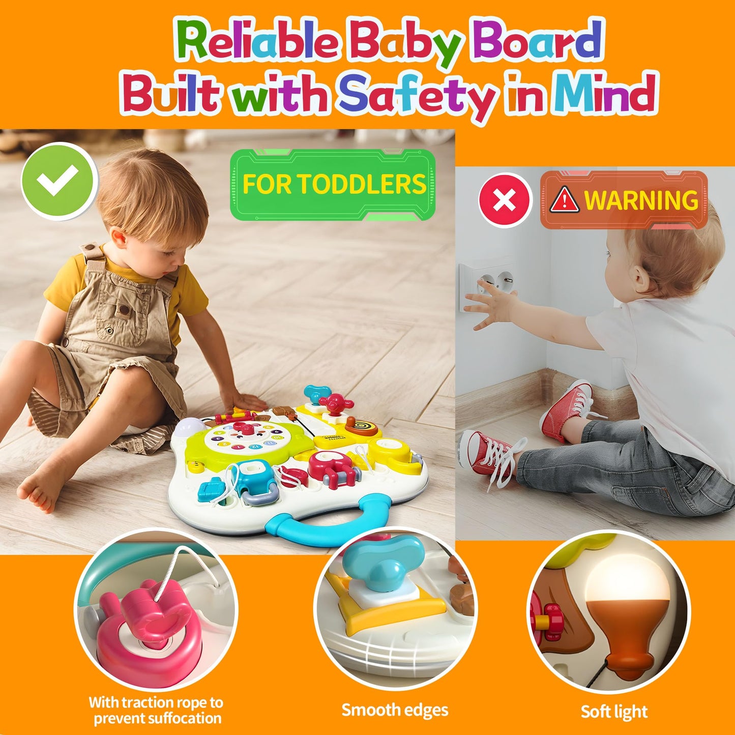 ROHSCE Montessori Busy Board – 13-in-1 Sensory Toy for Toddlers 1-3 | LED Lights & Music, Travel-Friendly