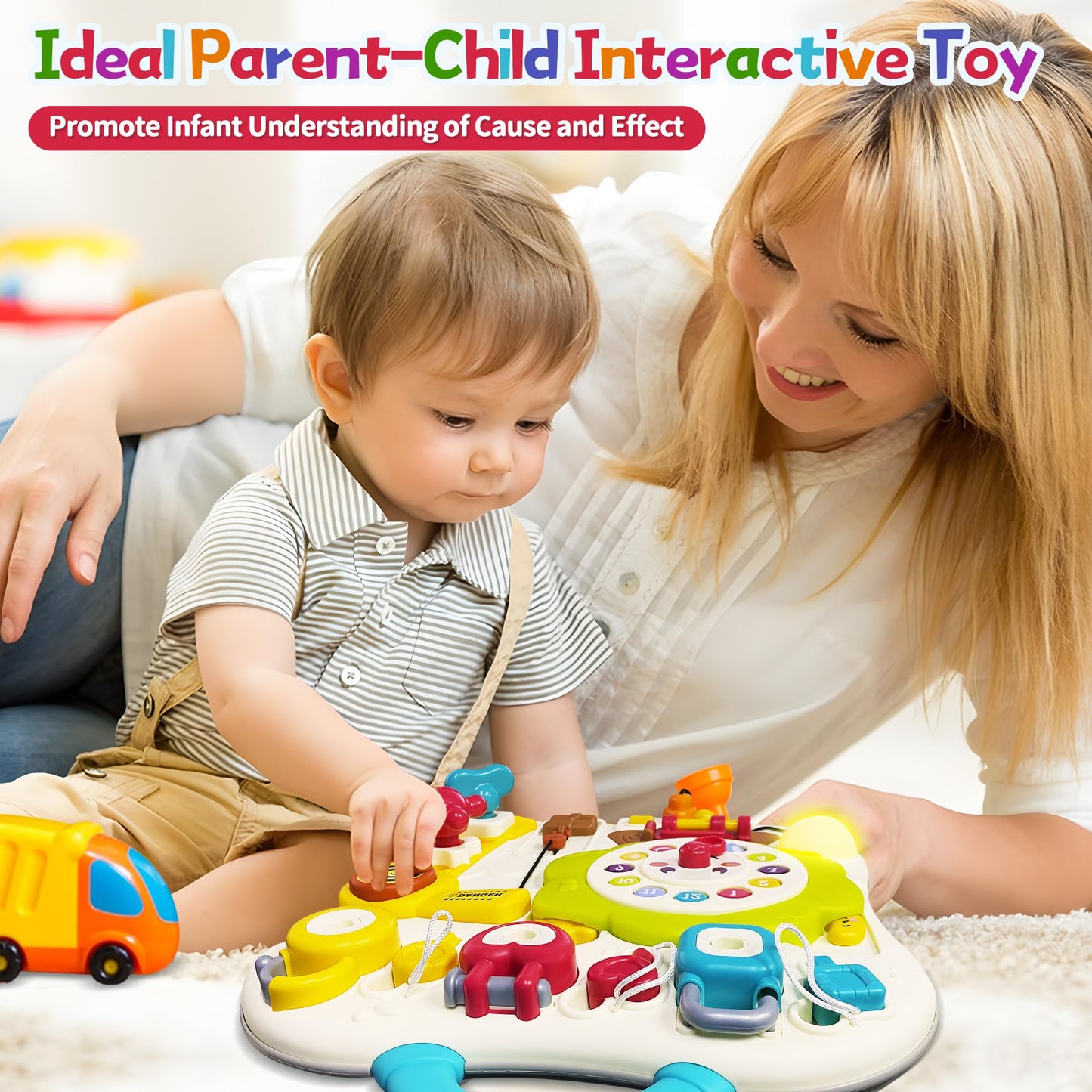 ROHSCE Montessori Busy Board – 13-in-1 Sensory Toy for Toddlers 1-3 | LED Lights & Music, Travel-Friendly