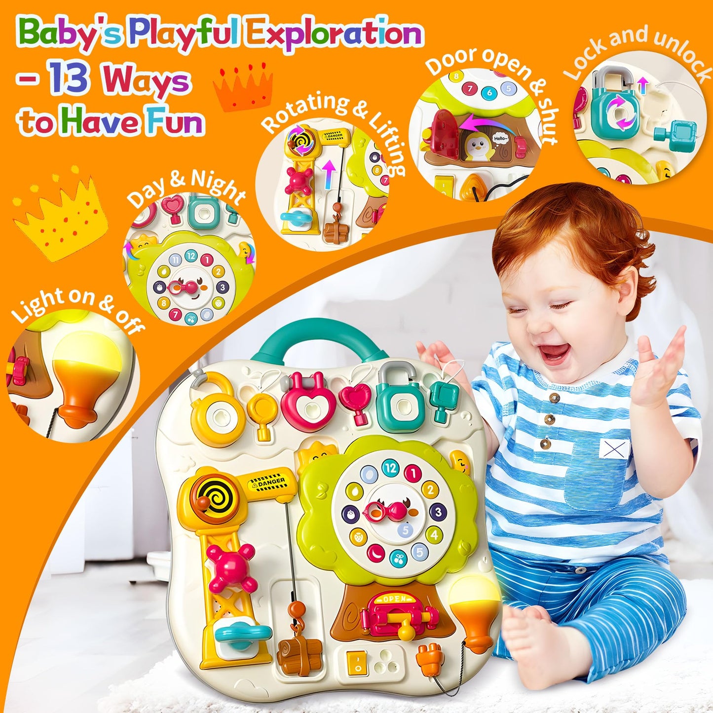 ROHSCE Montessori Busy Board – 13-in-1 Sensory Toy for Toddlers 1-3 | LED Lights & Music, Travel-Friendly