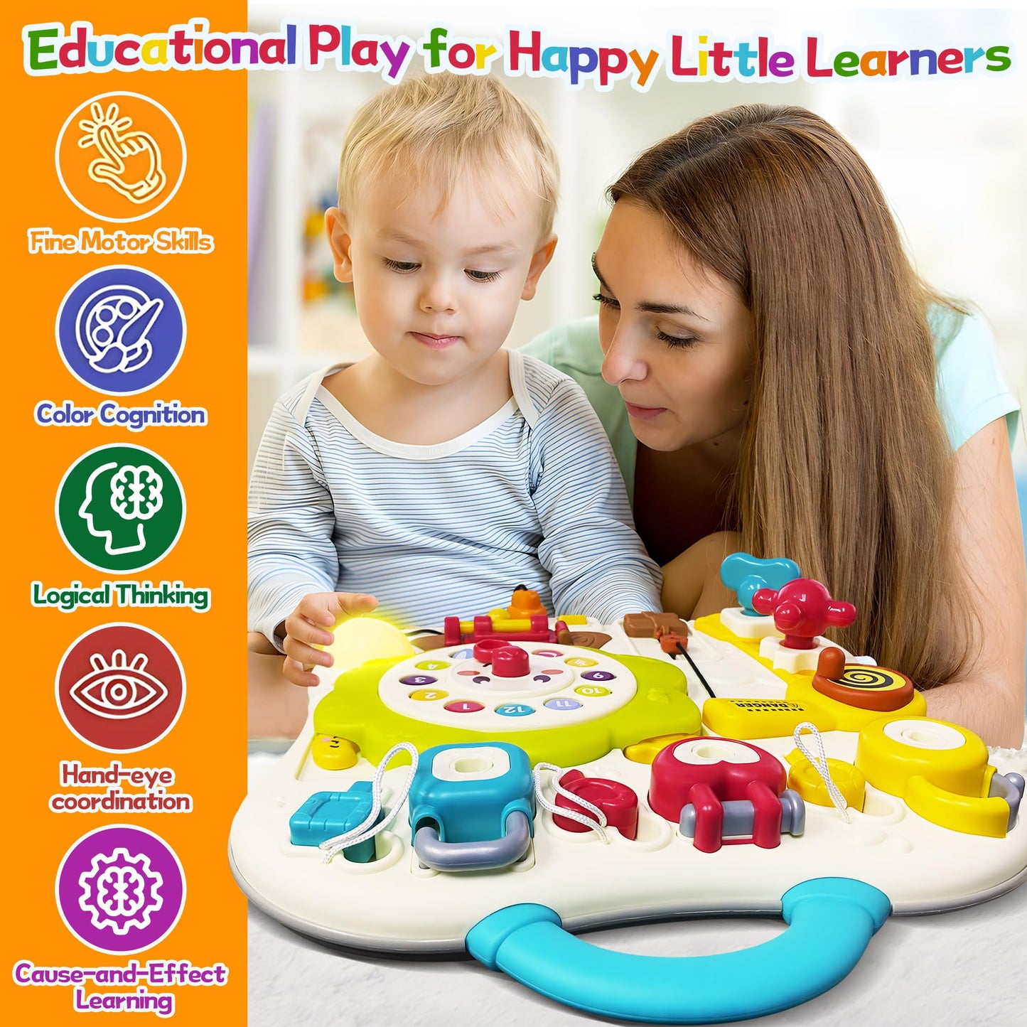 ROHSCE Montessori Busy Board – 13-in-1 Sensory Toy for Toddlers 1-3 | LED Lights & Music, Travel-Friendly
