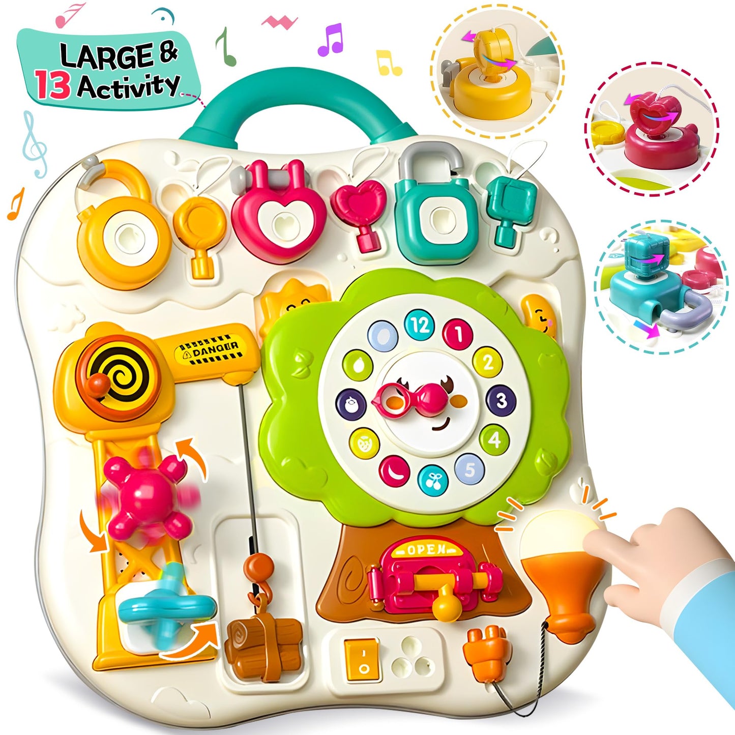 ROHSCE Montessori Busy Board – 13-in-1 Sensory Toy for Toddlers 1-3 | LED Lights & Music, Travel-Friendly