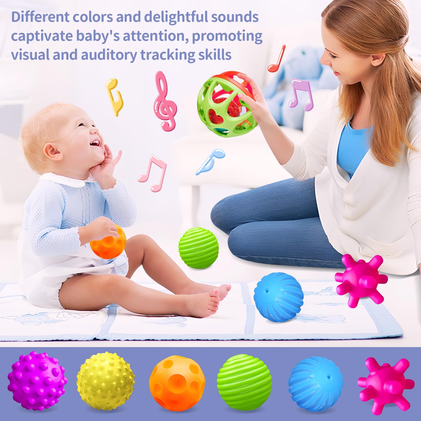 ROHSCE Montessori Sensory Balls & Rattle — Safe Textured Toys for Babies 3–12 Months