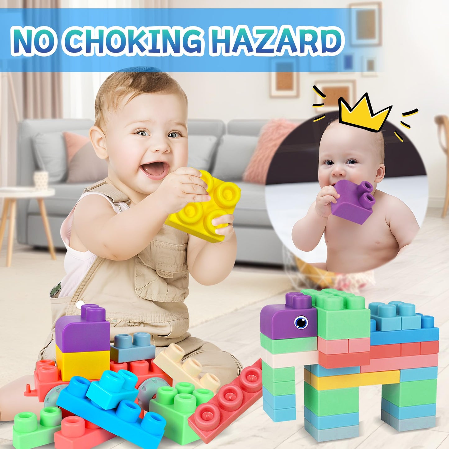 ROHSCE 80PCS Baby Blocks Set with Storage Bucket | Soft Rubber Blocks for Babies 6 Months and Up