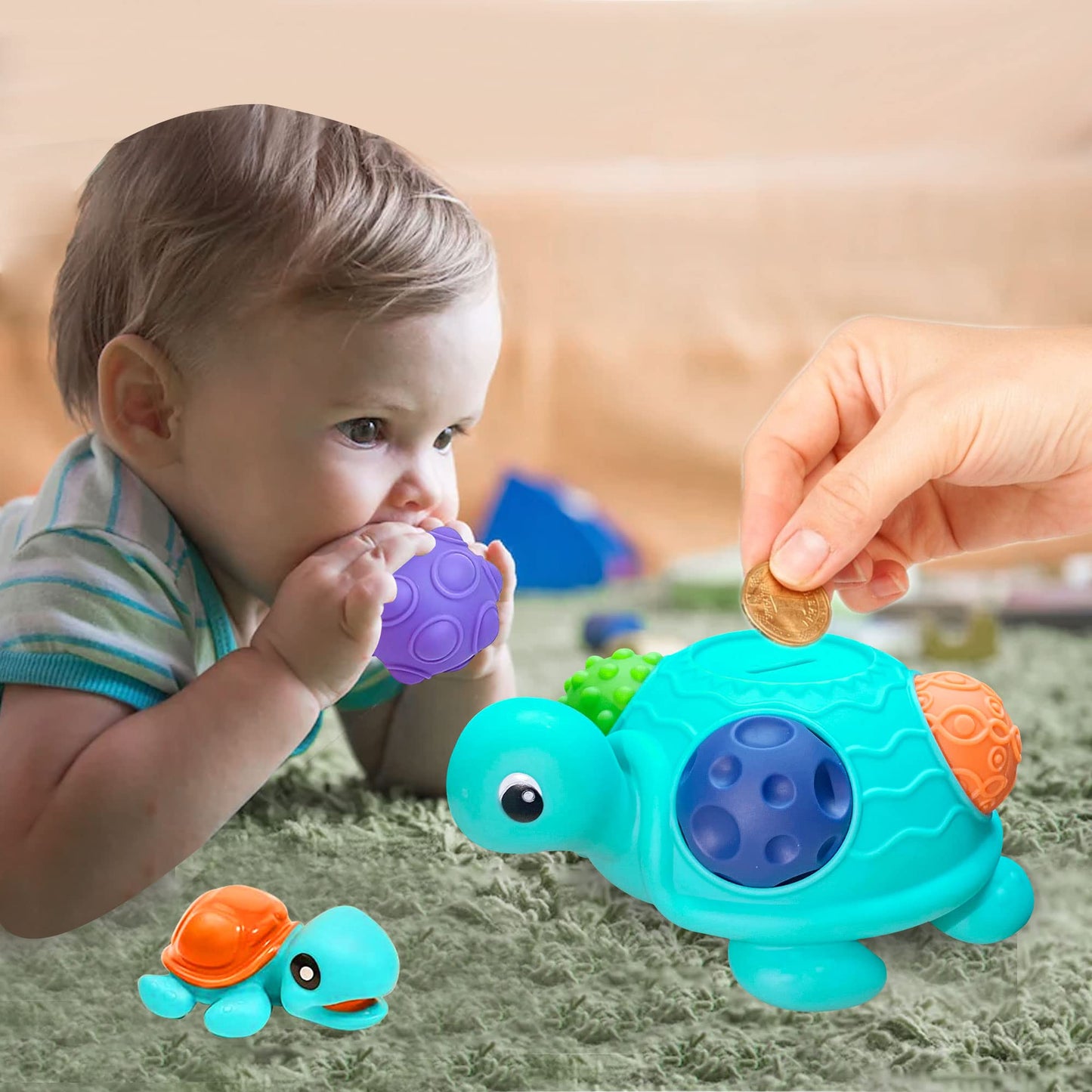 ROHSCE Sensory Balls for Babies 6-12 Months – Montessori Textured Balls with Turtle Bath Toy