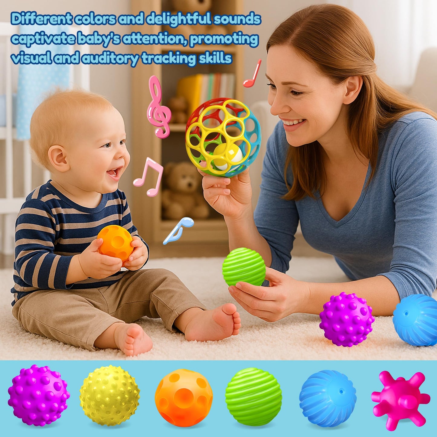 ROHSCE Sensory Balls for Toddlers 1-3 | Squeeze & Rattle Baby Toys, Teething Montessori Soft Balls