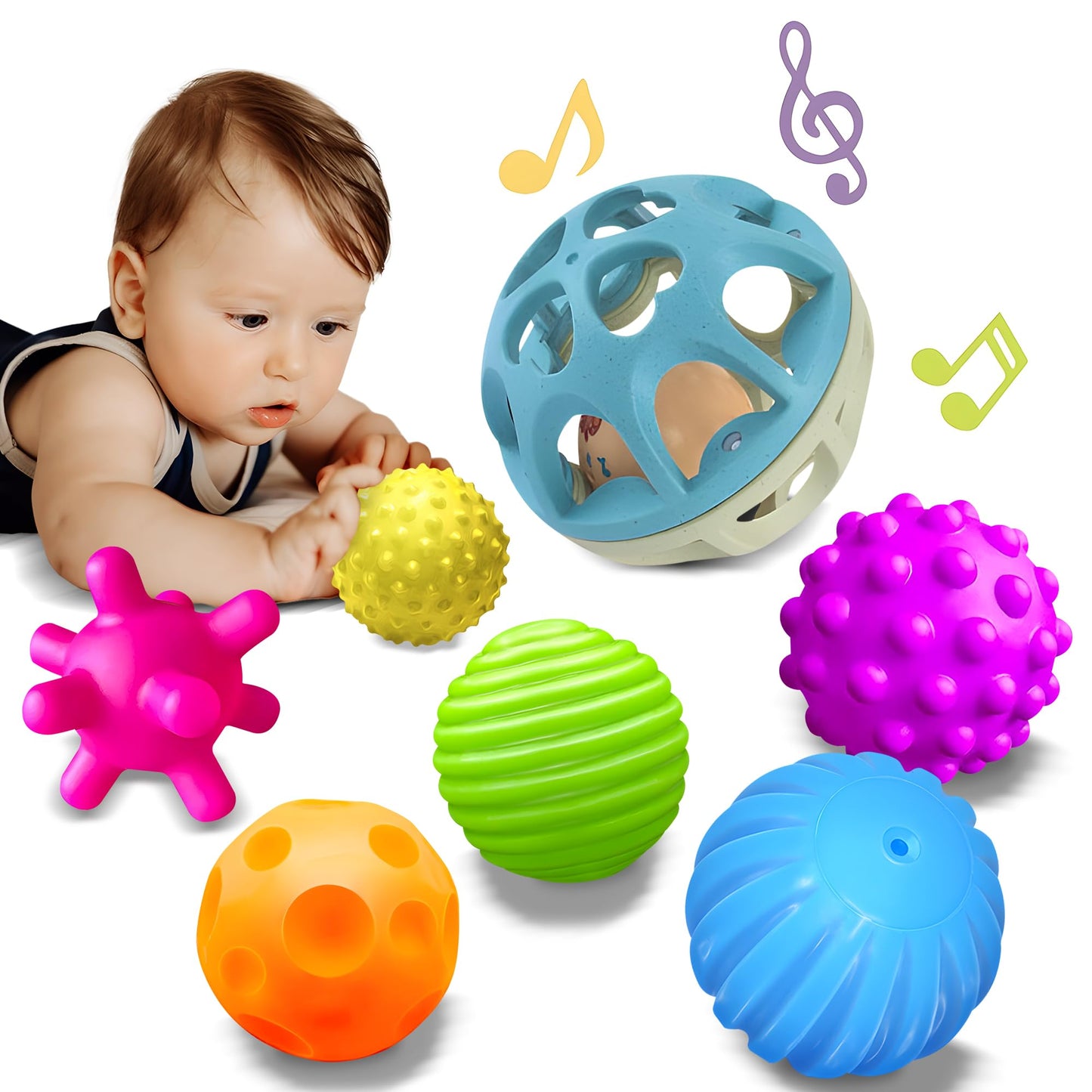 ROHSCE Montessori Sensory Toys: Textured Baby Balls & Wheat Straw Rattle