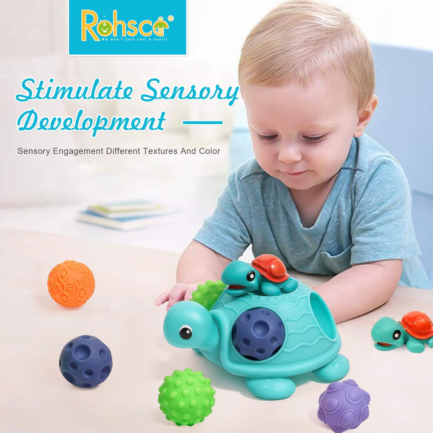 ROHSCE Sensory Balls for Babies 6-12 Months – Montessori Textured Balls with Turtle Bath Toy