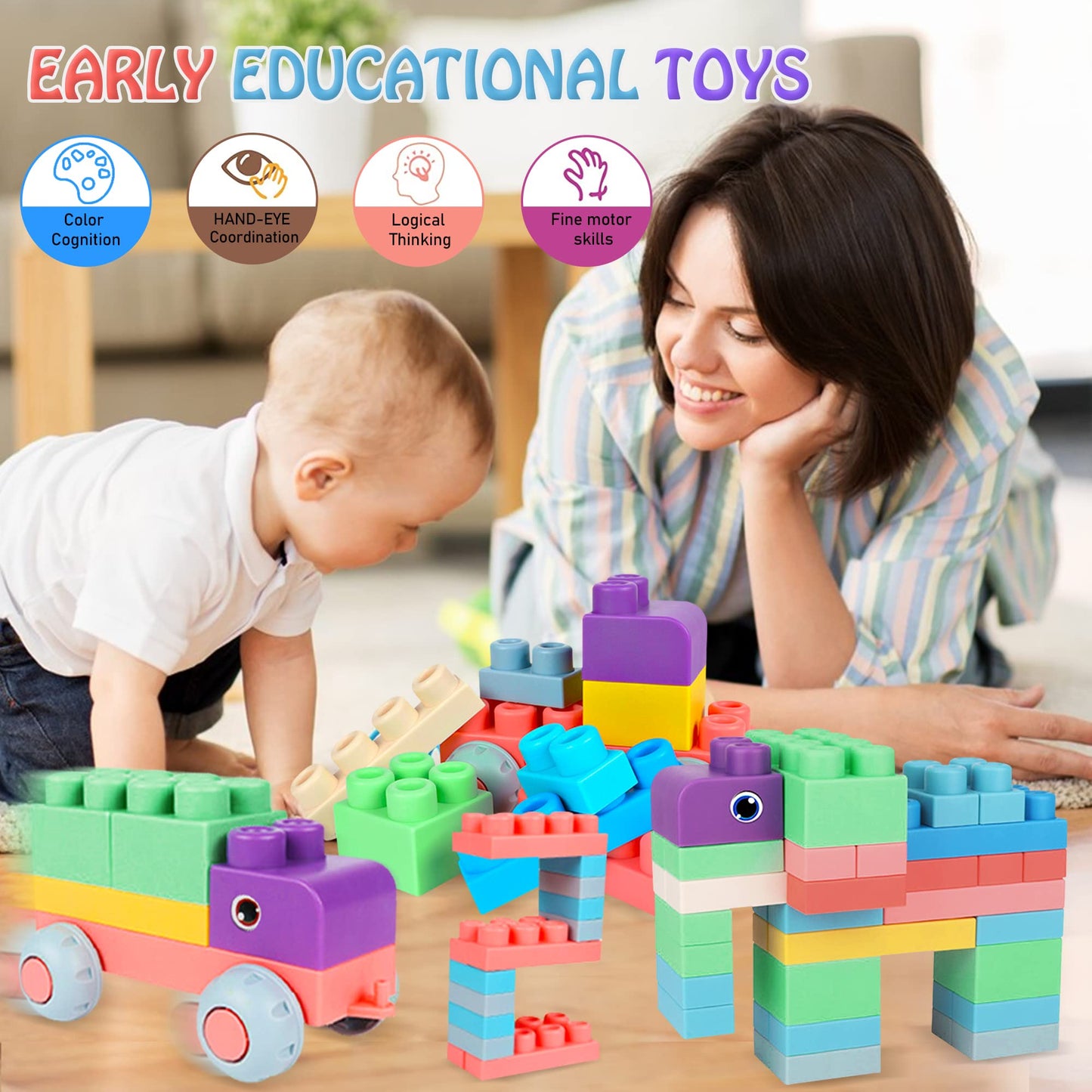 ROHSCE 80PCS Baby Blocks Set with Storage Bucket | Soft Rubber Blocks for Babies 6 Months and Up