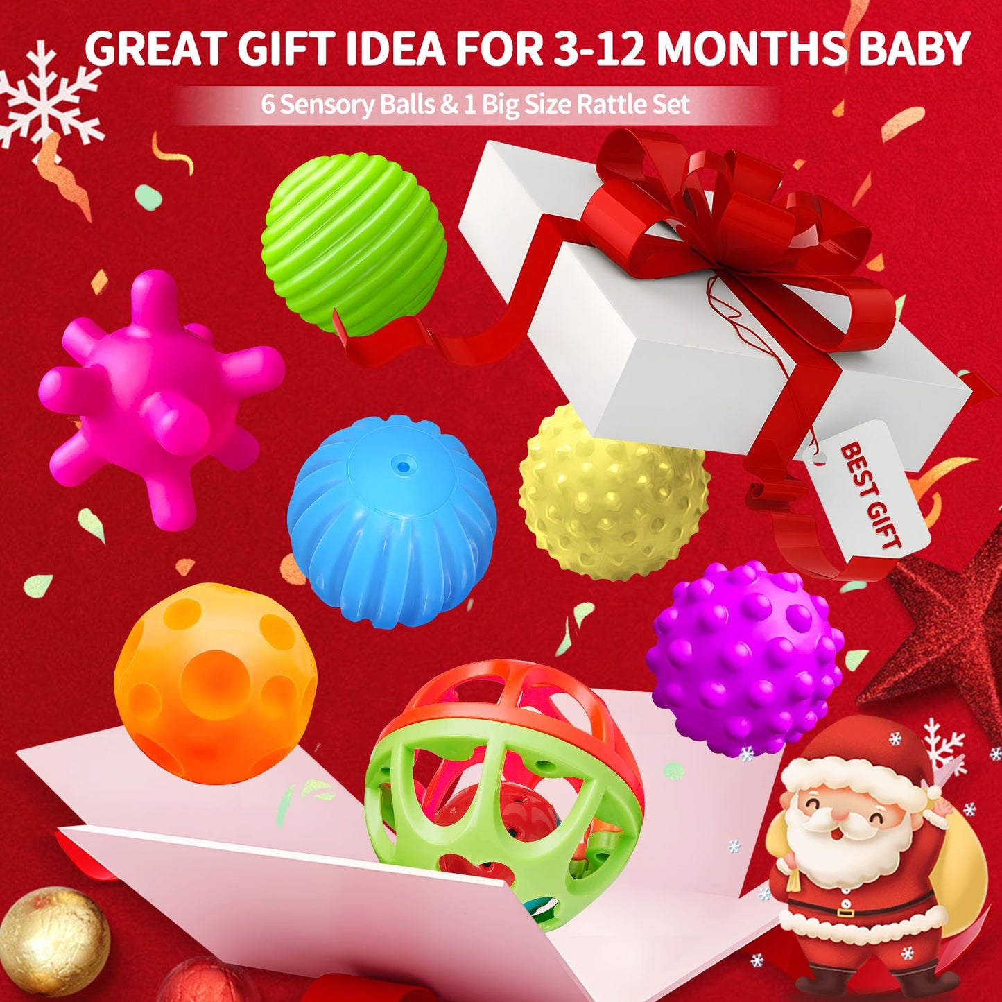 ROHSCE Montessori Sensory Balls & Rattle — Safe Textured Toys for Babies 3–12 Months