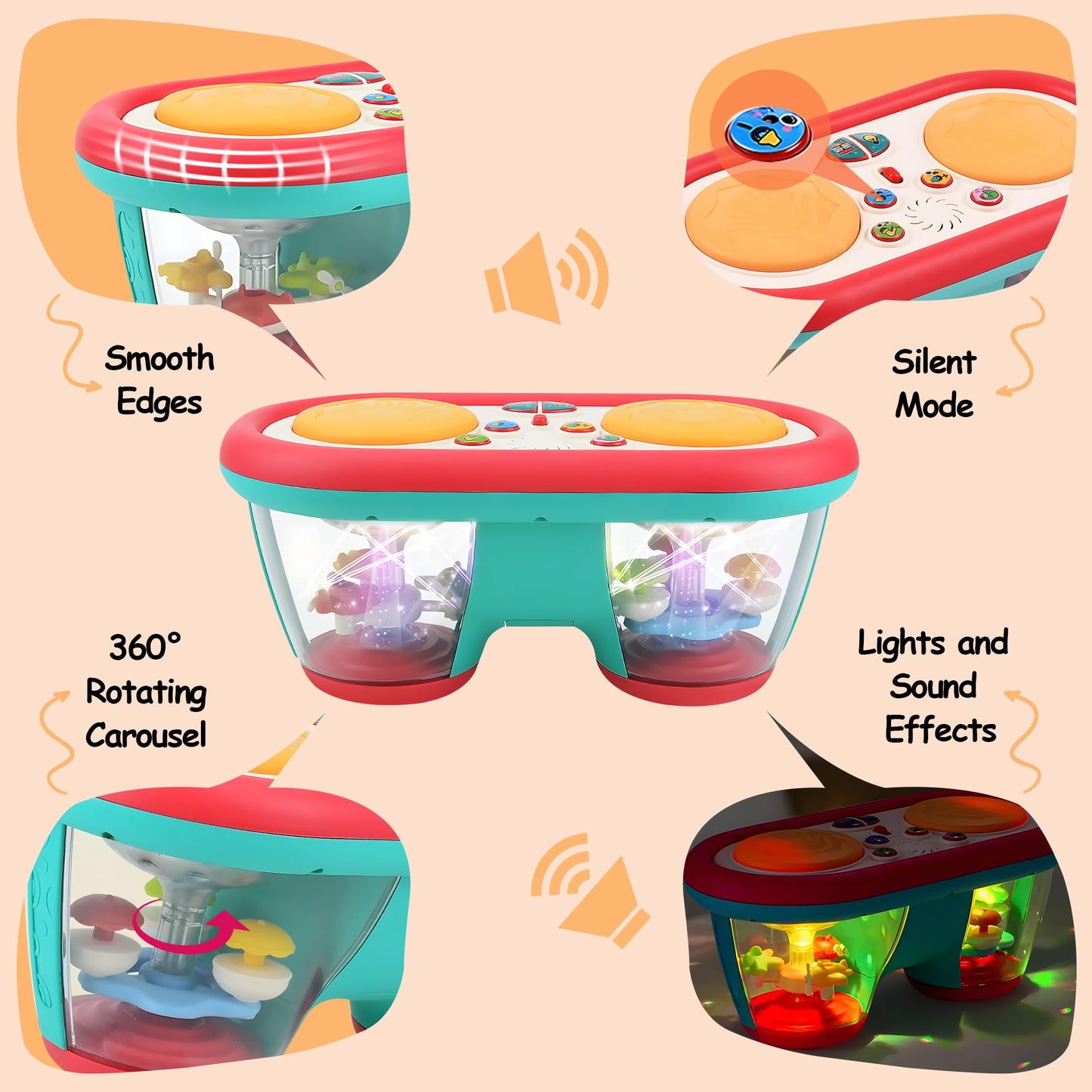ROHSCE Baby Drum Toy – Light-Up Music for 6-18 Months | Safe ABS, 8 Drums, 16 Melodies