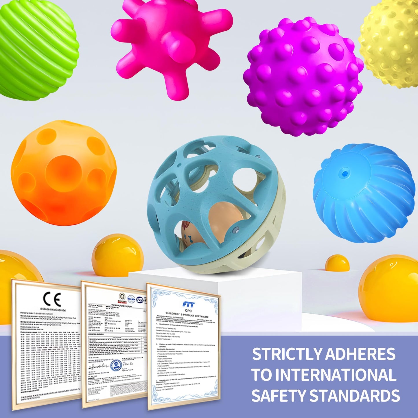 ROHSCE Montessori Sensory Toys: Textured Baby Balls & Wheat Straw Rattle