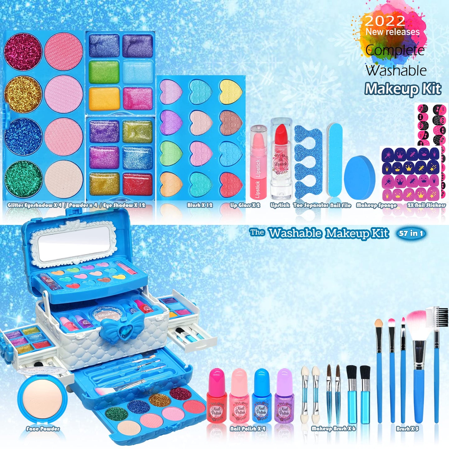 ROKKES Kids Makeup Sets for Girls 5-8 | 57-Piece Play Makeup Kit