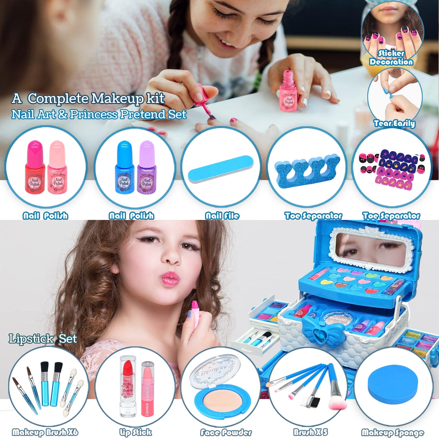 ROKKES Kids Makeup Sets for Girls 5-8 | 57-Piece Play Makeup Kit