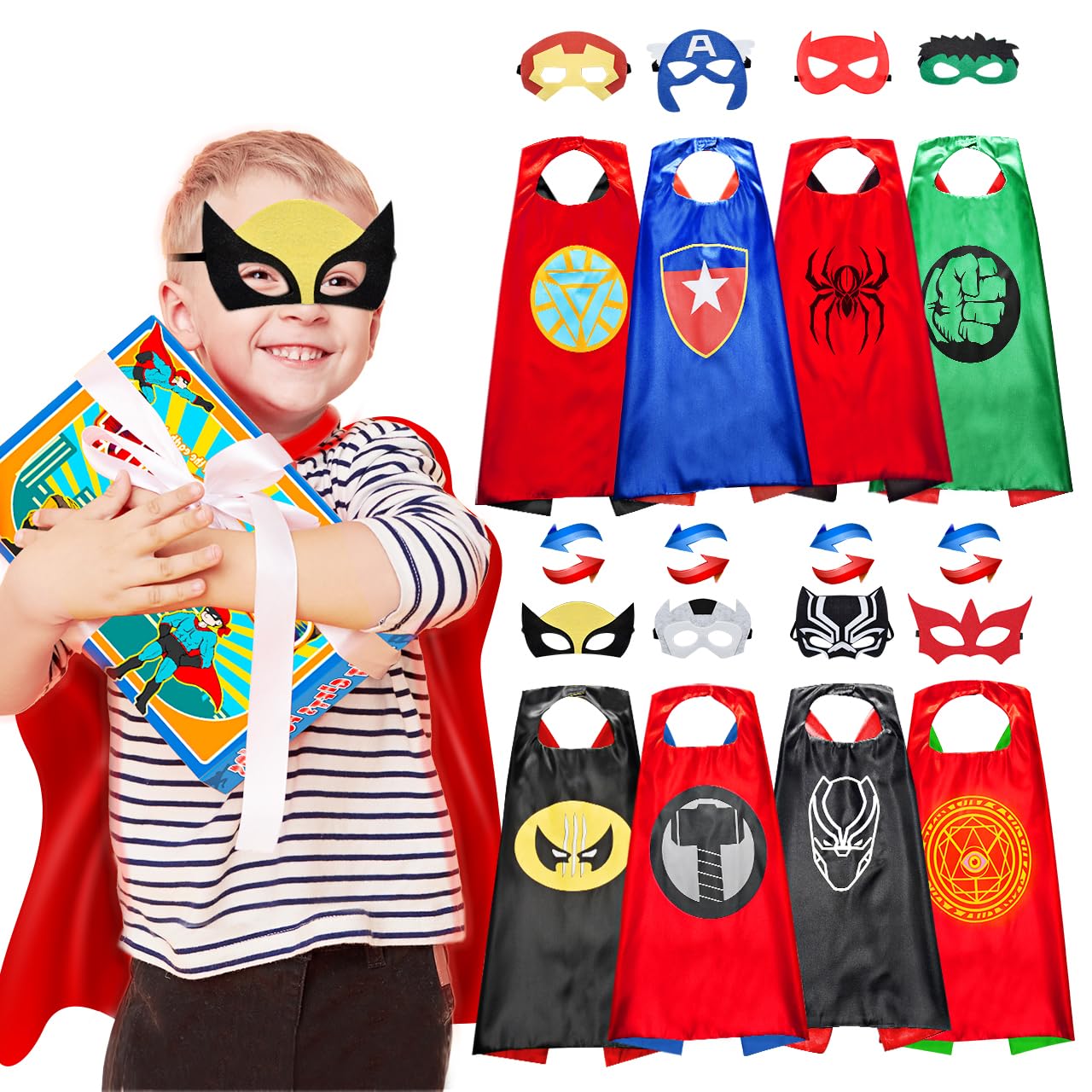 Roko Kids Superhero Capes Set – Double-Sided Satin Capes with Masks (4 Capes, 8 Hero Styles)