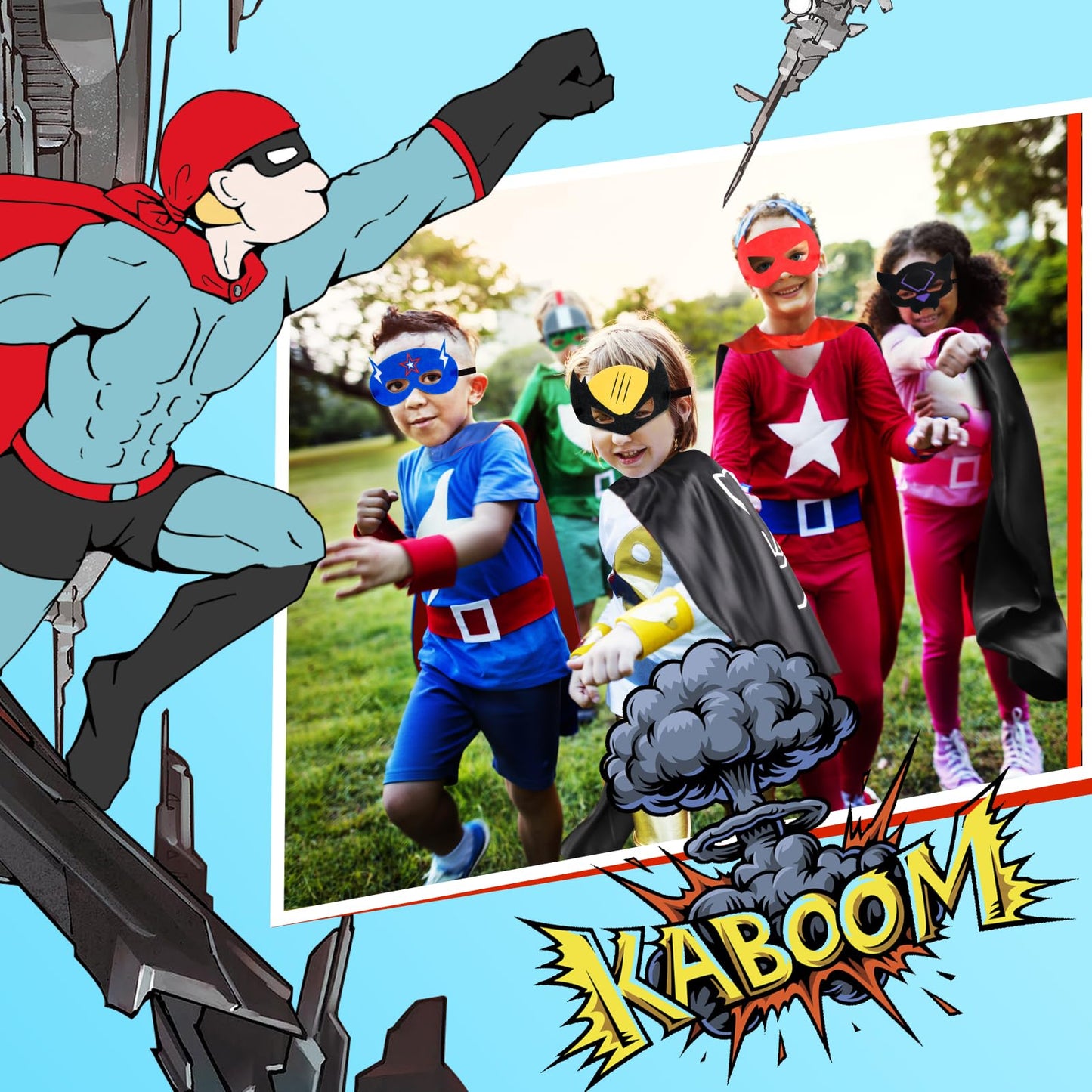 Roko Kids Superhero Capes Set – Double-Sided Satin Capes with Masks (4 Capes, 8 Hero Styles)