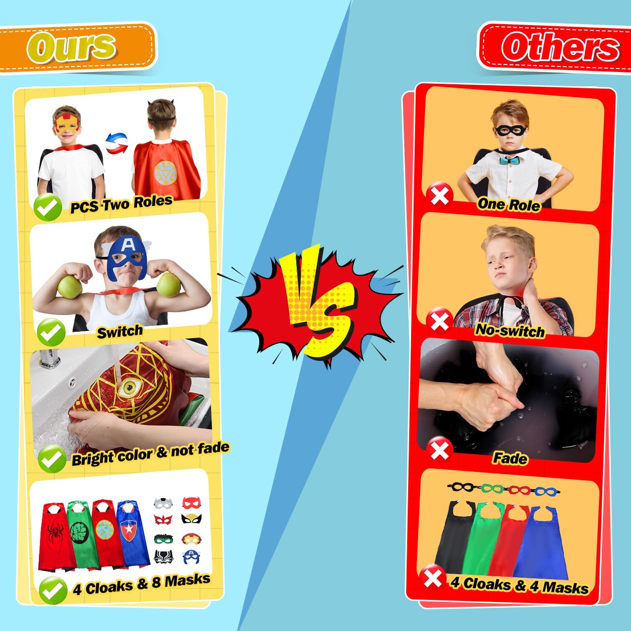 Roko Kids Superhero Capes Set – Double-Sided Satin Capes with Masks (4 Capes, 8 Hero Styles)