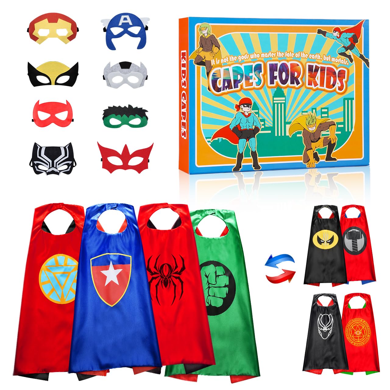 Roko Kids Superhero Capes Set – Double-Sided Satin Capes with Masks (4 Capes, 8 Hero Styles)
