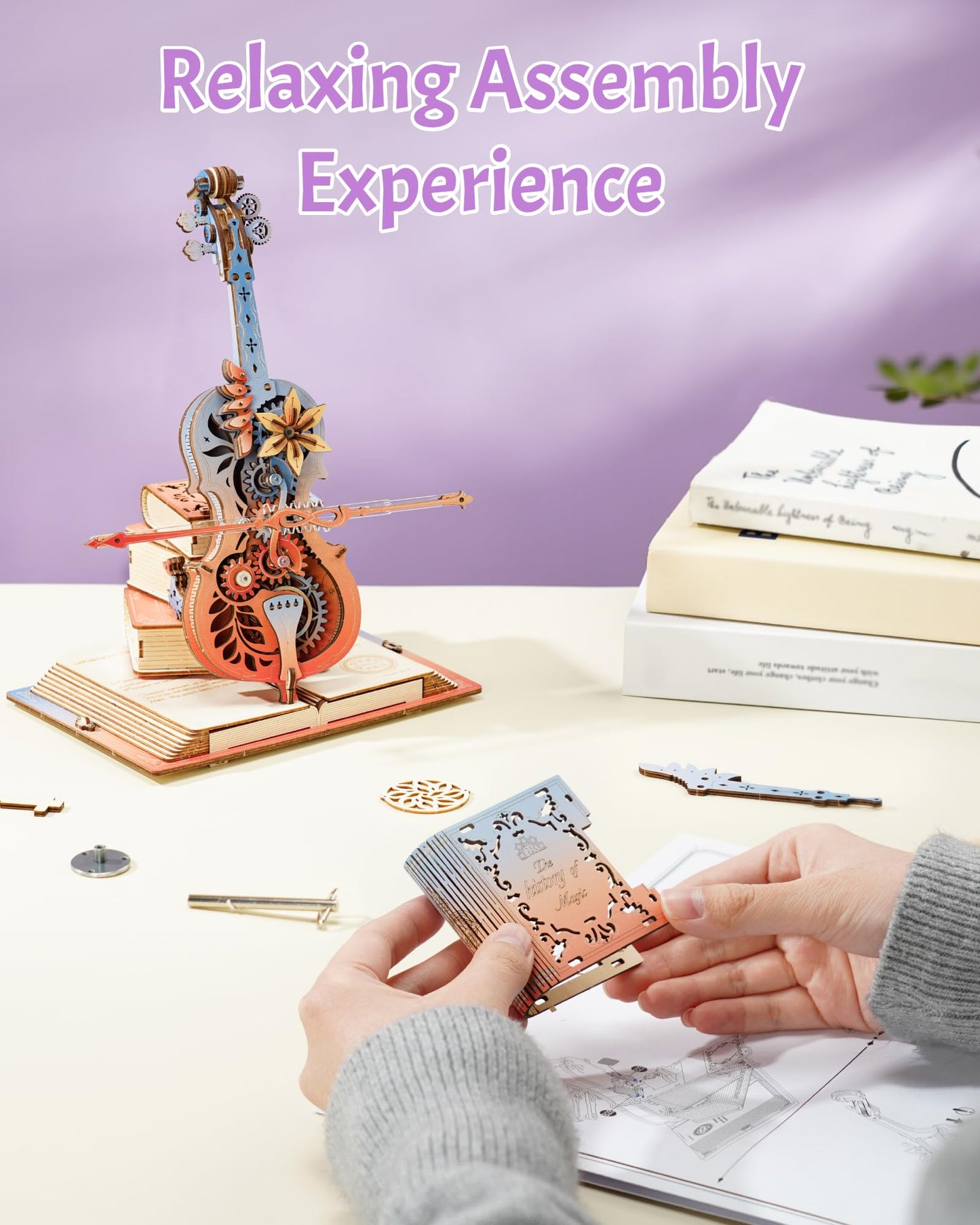 ROKR 3D Puzzles for Adults – Wooden Cello Music Box Model Kit | DIY Building Sets