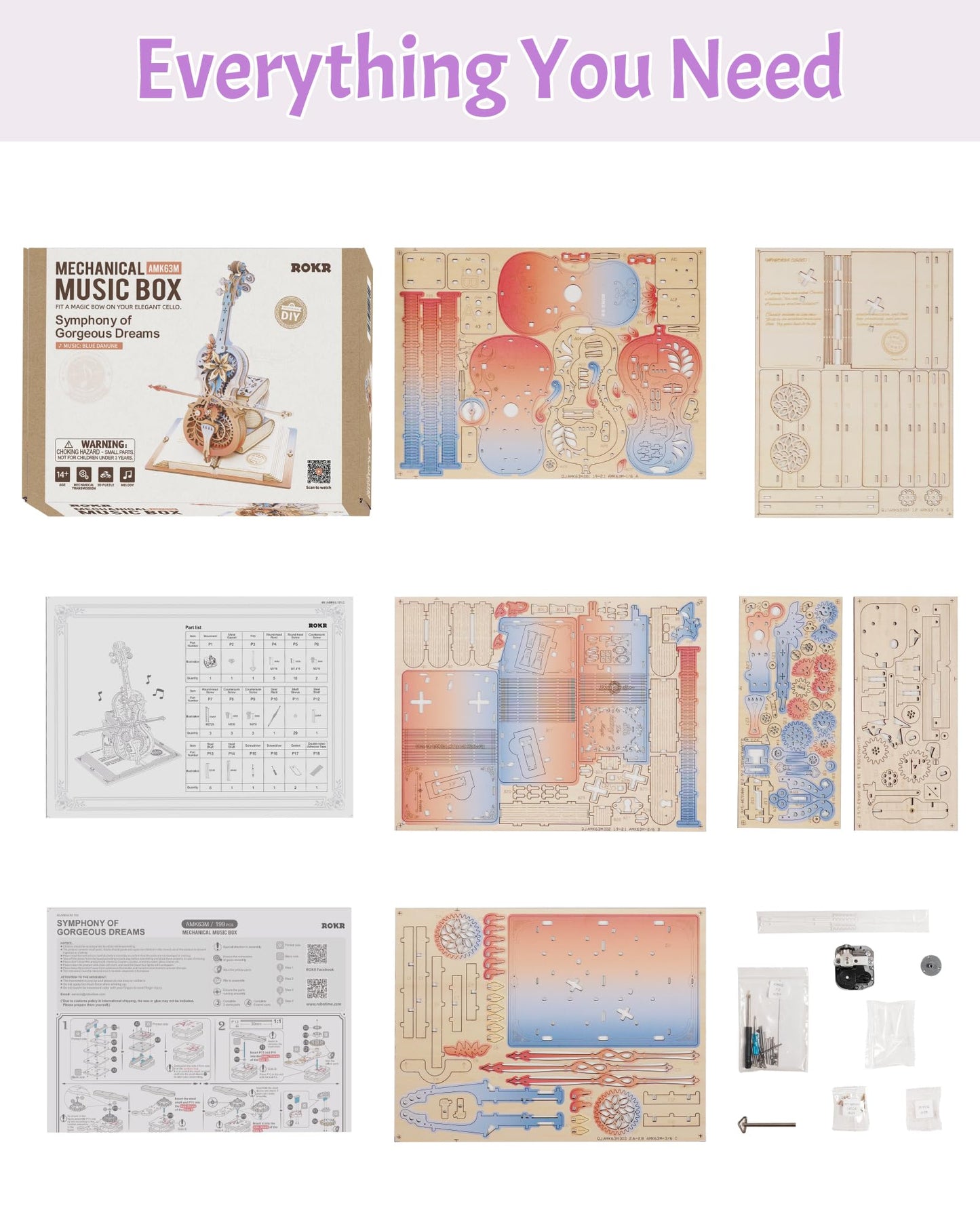 ROKR 3D Puzzles for Adults – Wooden Cello Music Box Model Kit | DIY Building Sets