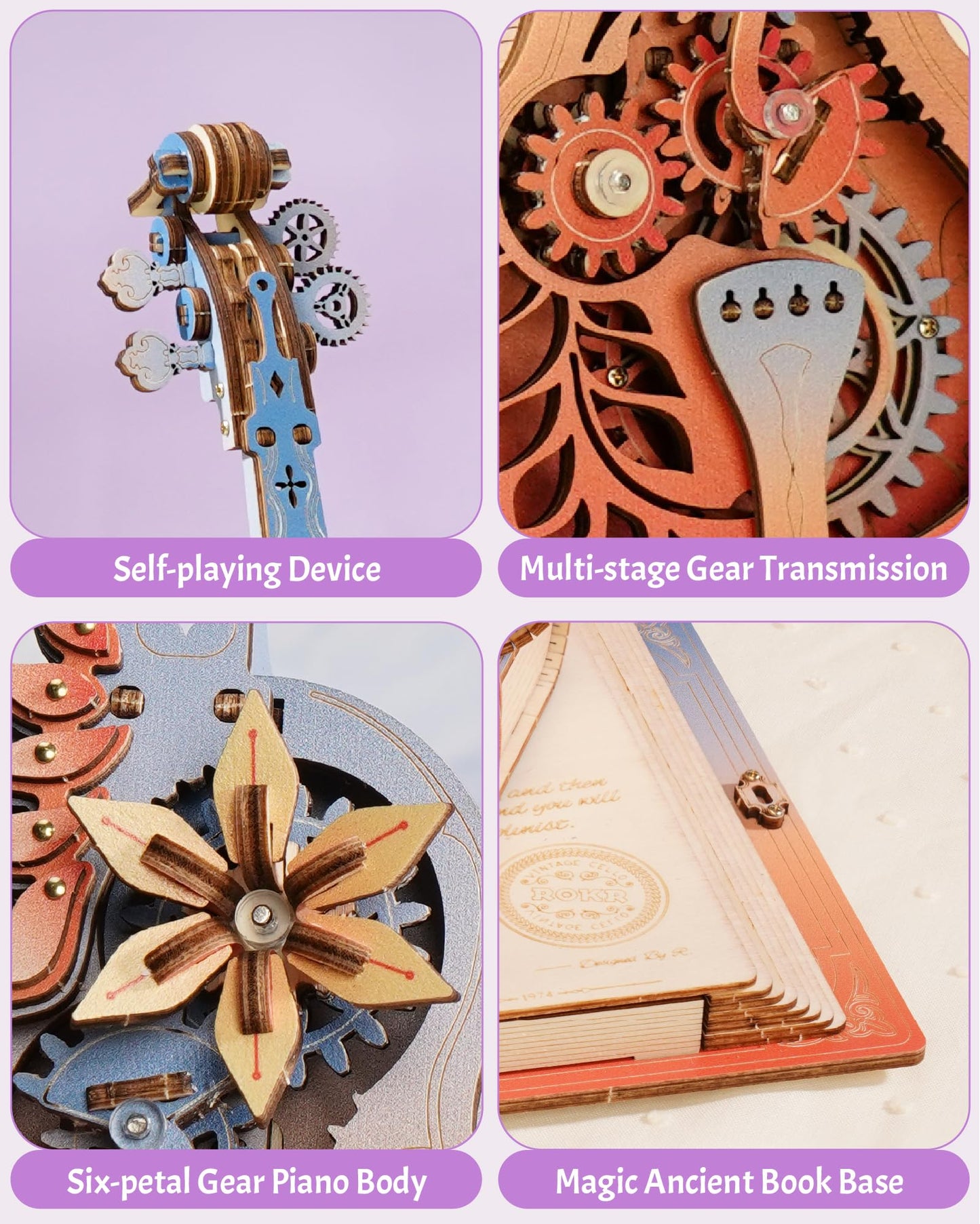 ROKR 3D Puzzles for Adults – Wooden Cello Music Box Model Kit | DIY Building Sets