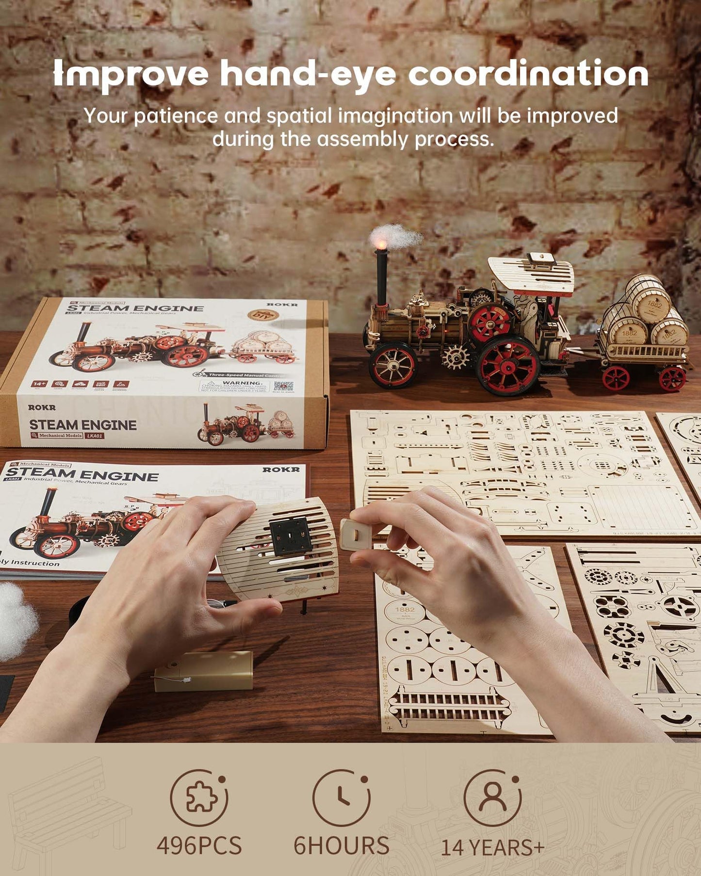 ROKR 3D Puzzle for Adults – 469-Piece Vintage Steam Engine Car Kit with Electric Motor