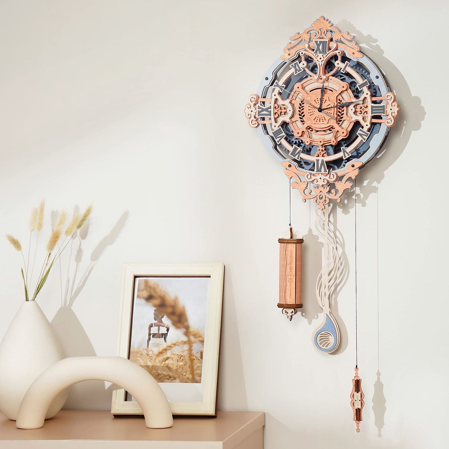 ROKR 3D Puzzles for Adults — Vintage Wooden Pendulum Clock Kit (12-Inch) | DIY Wall Clock