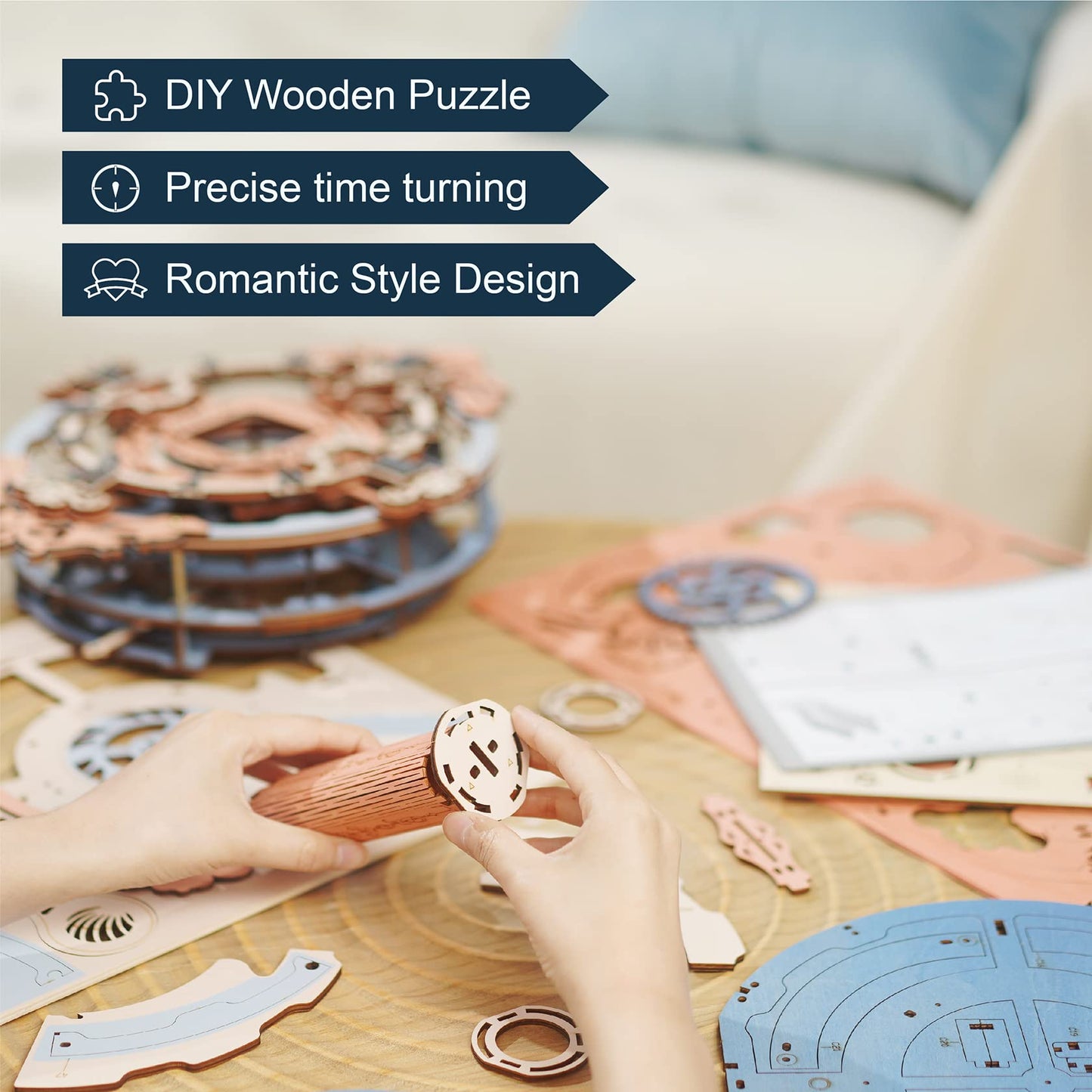 ROKR 3D Puzzles for Adults — Vintage Wooden Pendulum Clock Kit (12-Inch) | DIY Wall Clock