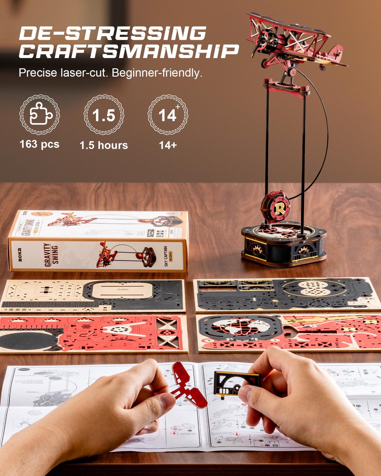ROKR 3D Wooden Puzzle – Gravity Swing Model Kit for Adults (163-Piece)