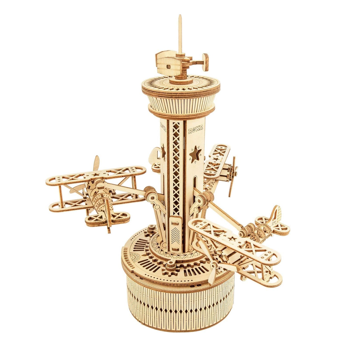 ROKR 3D Wooden Puzzle for Adults: Airplane Tower Music Box – DIY Mechanical Kit (10 inch)