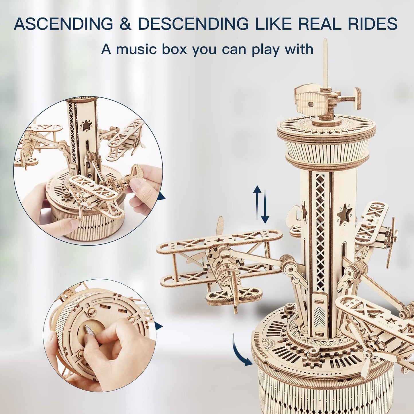 ROKR 3D Wooden Puzzle for Adults: Airplane Tower Music Box – DIY Mechanical Kit (10 inch)