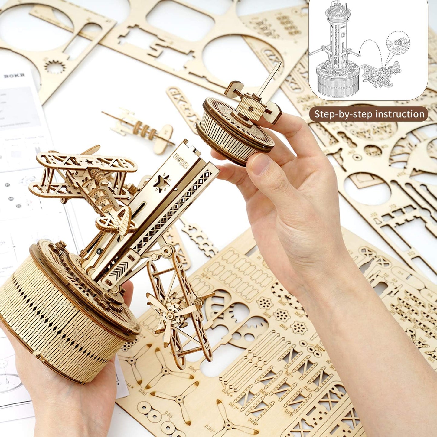 ROKR 3D Wooden Puzzle for Adults: Airplane Tower Music Box – DIY Mechanical Kit (10 inch)