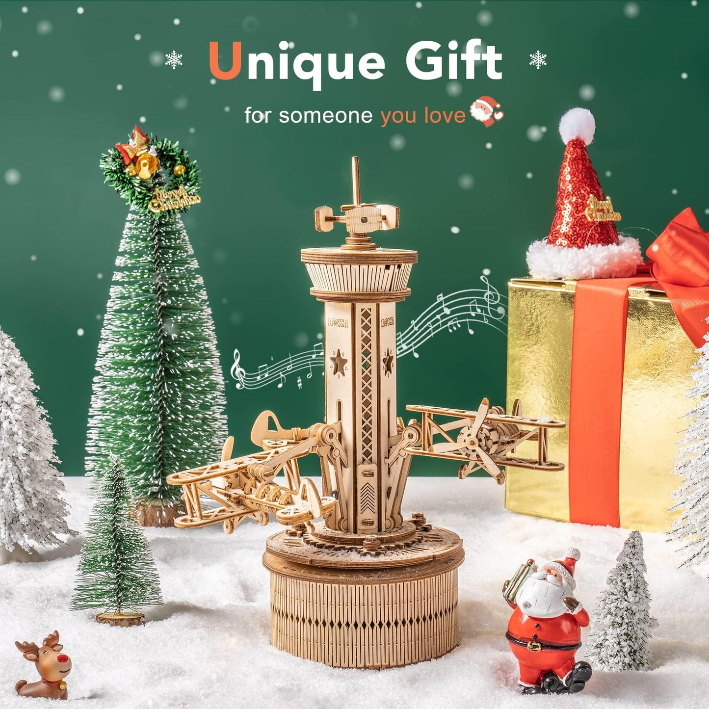 ROKR 3D Wooden Puzzle for Adults: Airplane Tower Music Box – DIY Mechanical Kit (10 inch)