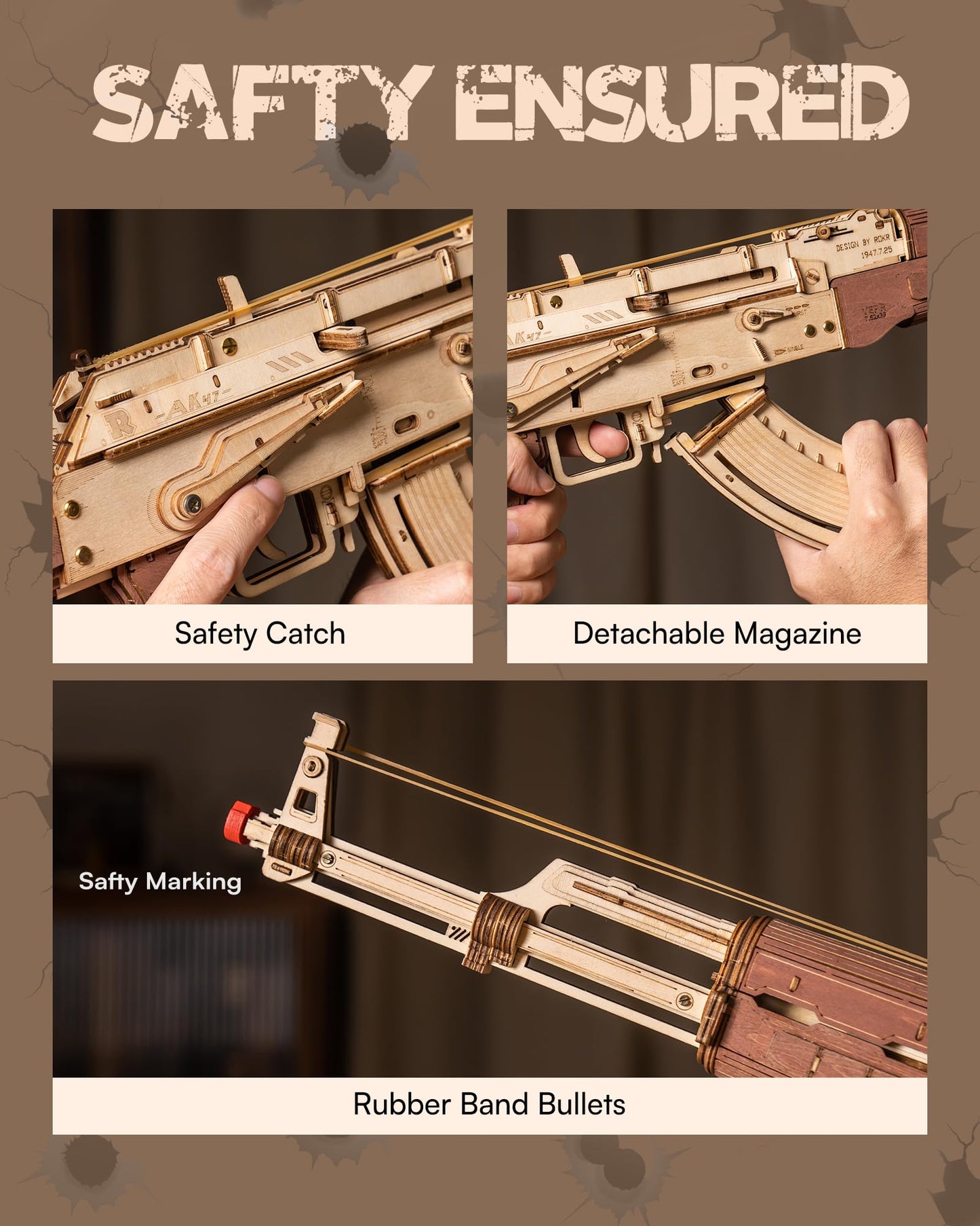 ROKR 3D AK47 Wooden Puzzle Model – Dual Shooting Modes DIY Kit