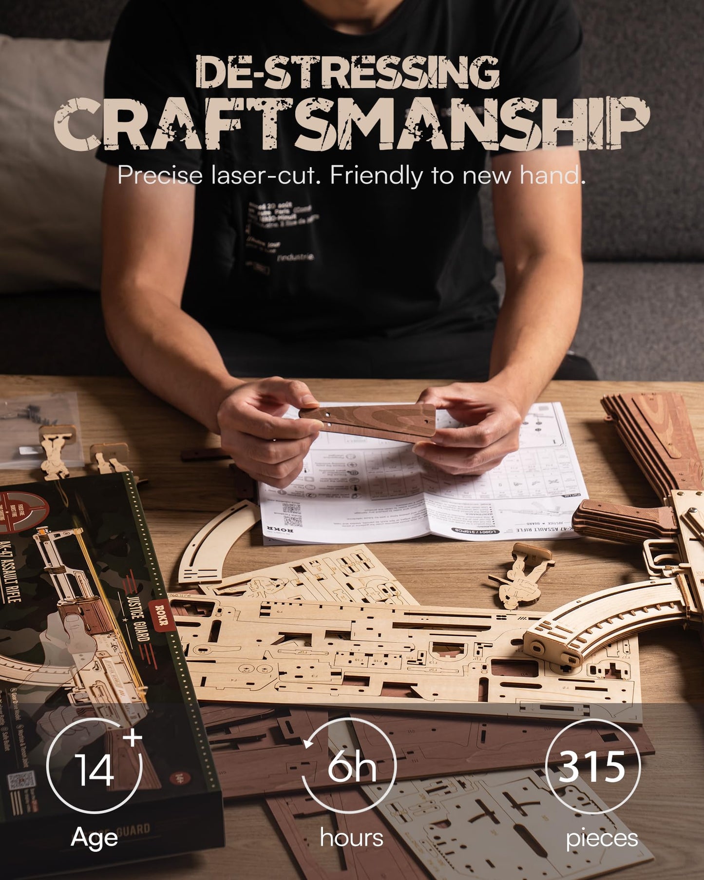 ROKR 3D AK47 Wooden Puzzle Model – Dual Shooting Modes DIY Kit