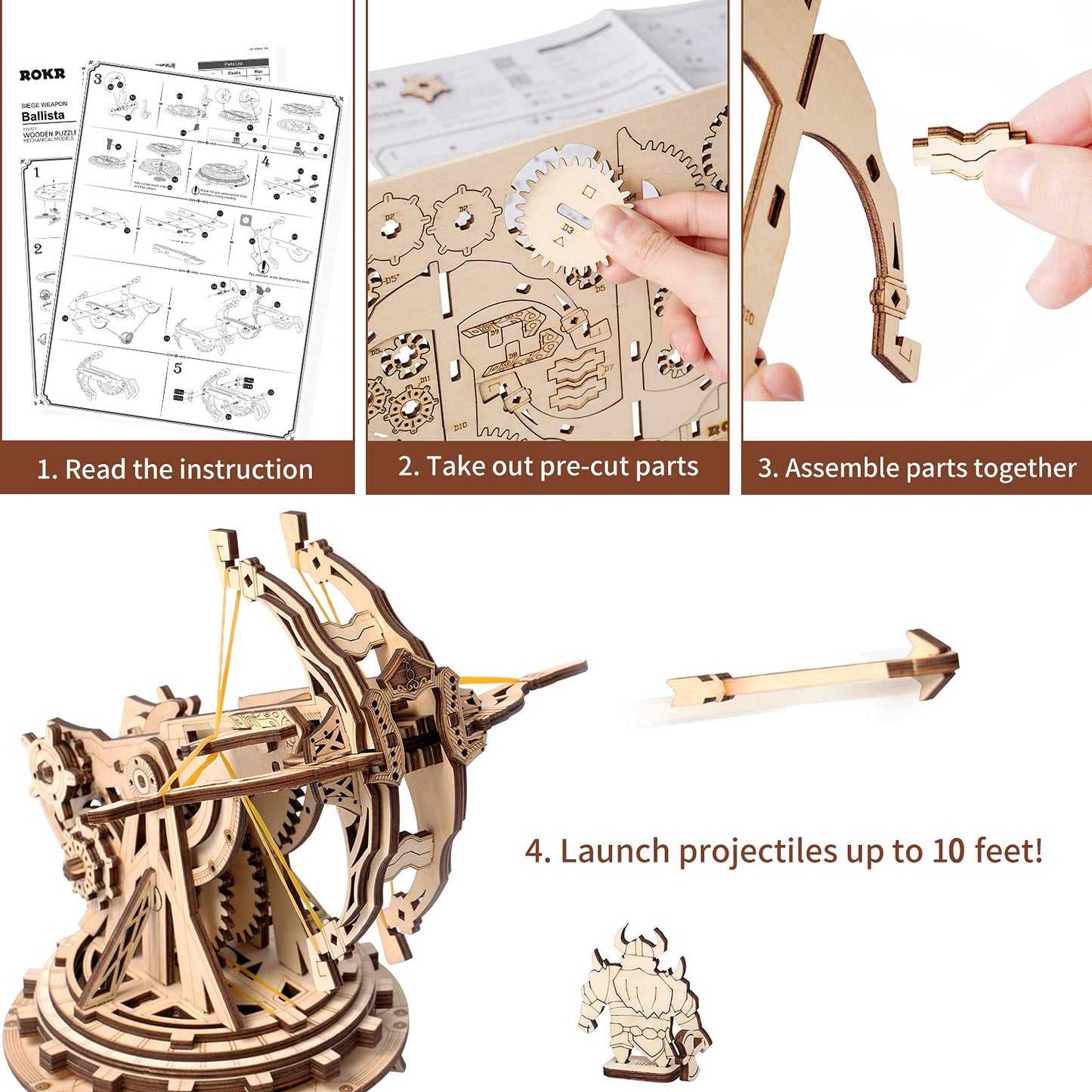 ROKR 3D Wooden Ballista Launcher Kit for Adults – DIY STEM Puzzle & Model