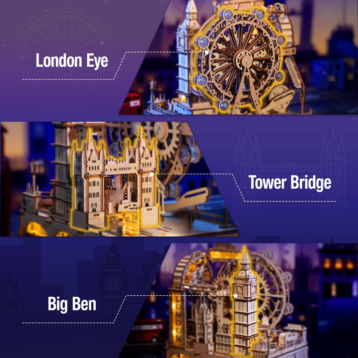 ROKR Marble Travel London – 3D Wooden Puzzle with LED Marble Run for Adults
