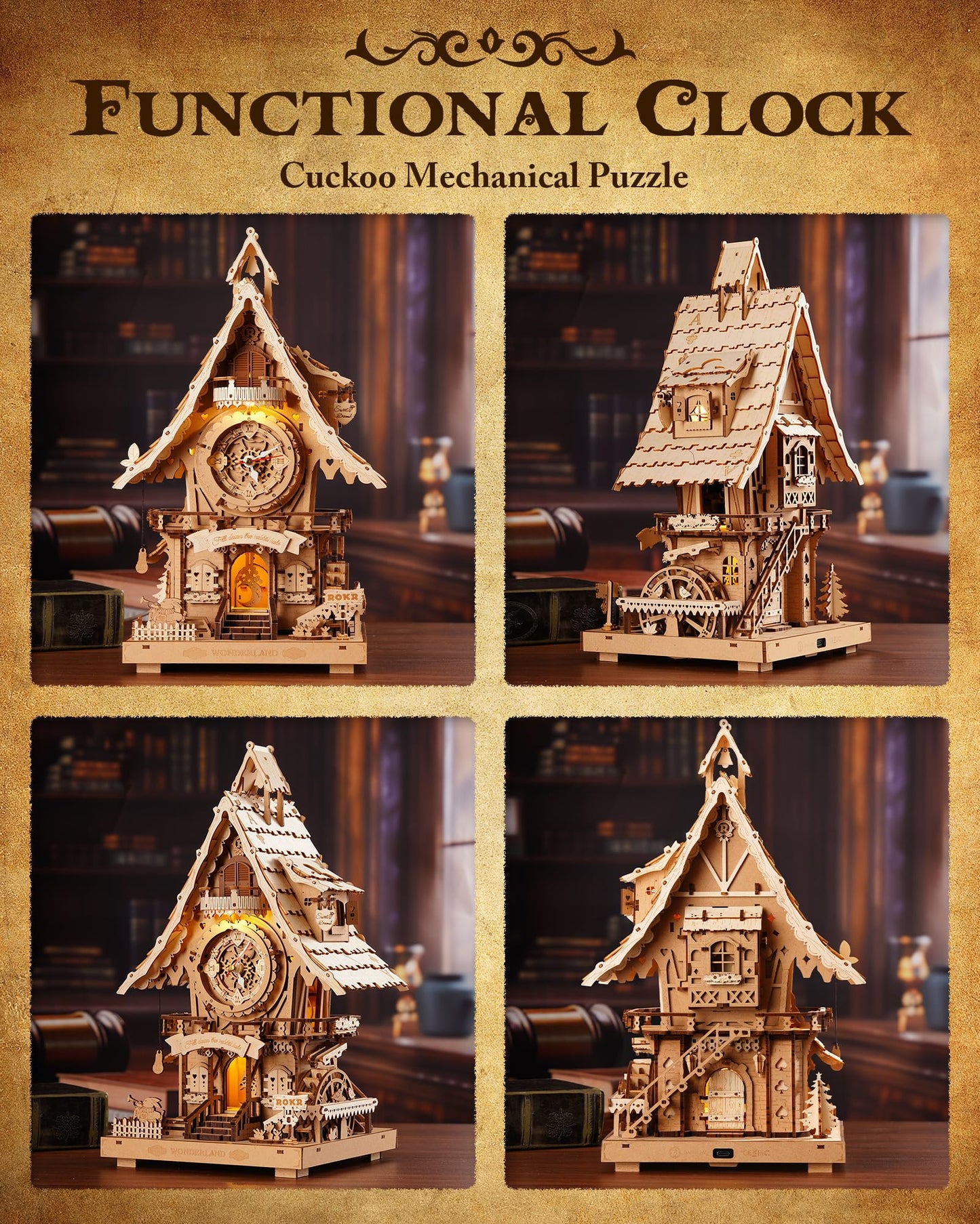 ROKR 3D Wooden Cuckoo Clock Puzzle Kit for Adults – 435-Piece DIY Clock Model