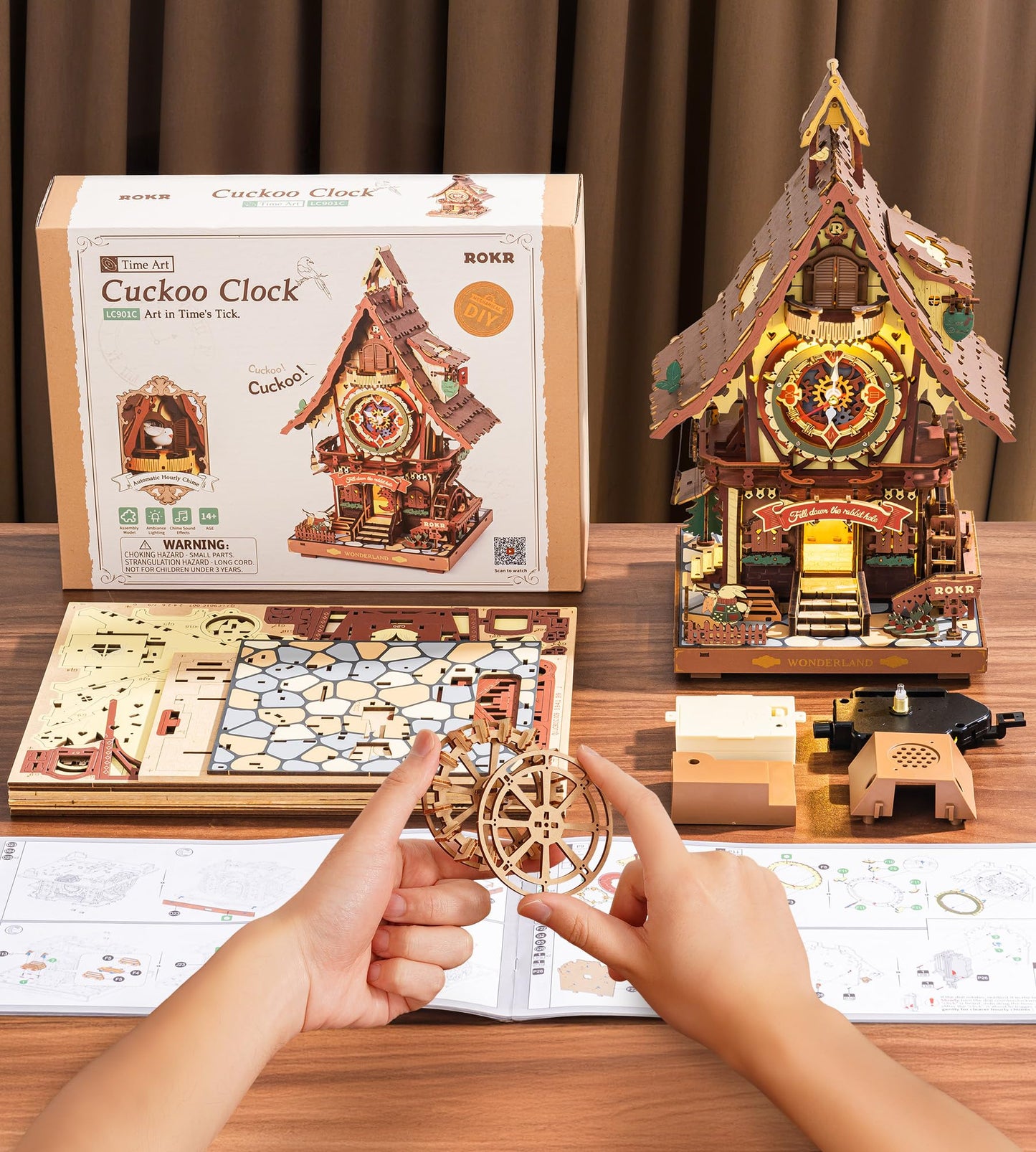 ROKR Cuckoo Clock: Mechanical 3D Wooden Puzzle Kit for Adults | DIY Clock Model & Home Decor