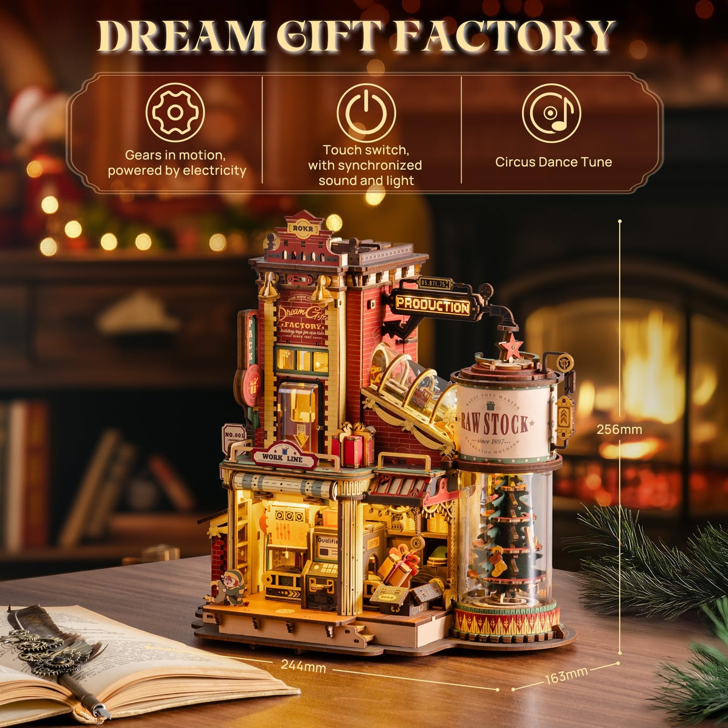 ROKR 3D Puzzle: Christmas Dream Gift Factory Kit with Lights, Music & 5 Elves